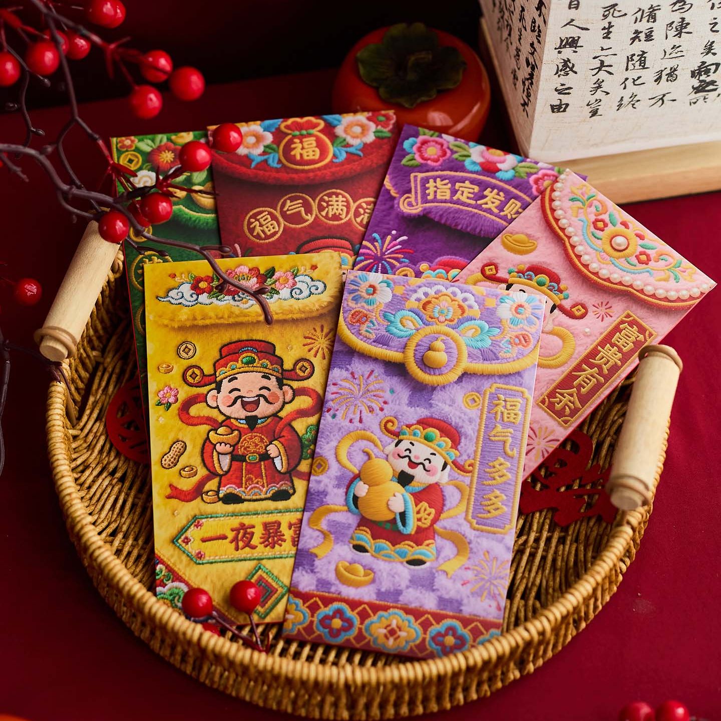 2026马年财神5D平面毛绒刺绣风格可爱卡通Q版春节元宵节国潮红包