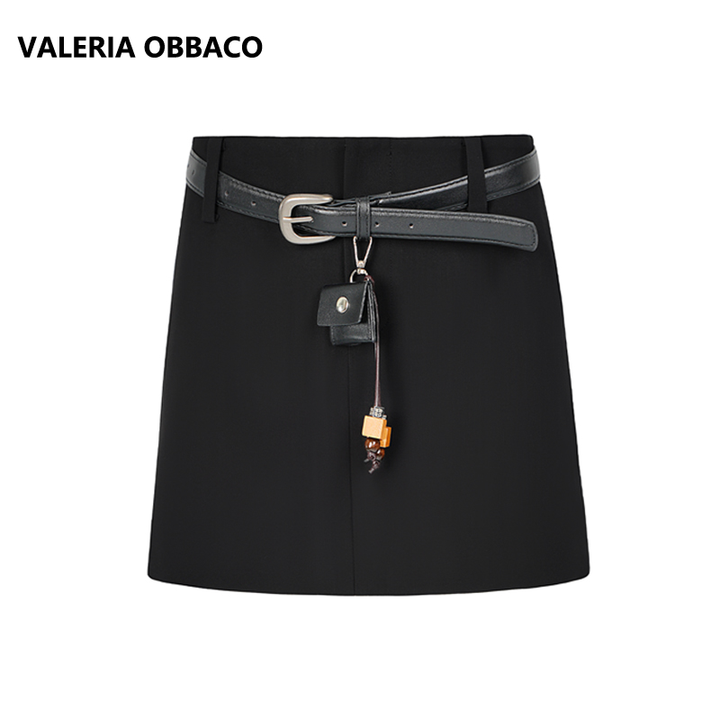 VALERIAOBBACO/瓦莱丽娅 奥贝科VO暮黑色两穿式腰带装饰短裙