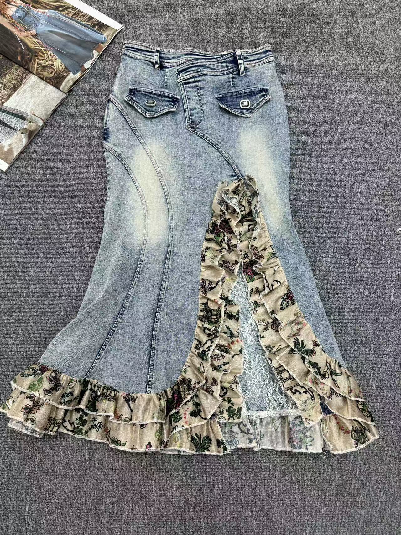 欧货女装重工复古蛋糕大摆鱼尾牛仔裙修身包臀花边半身裙