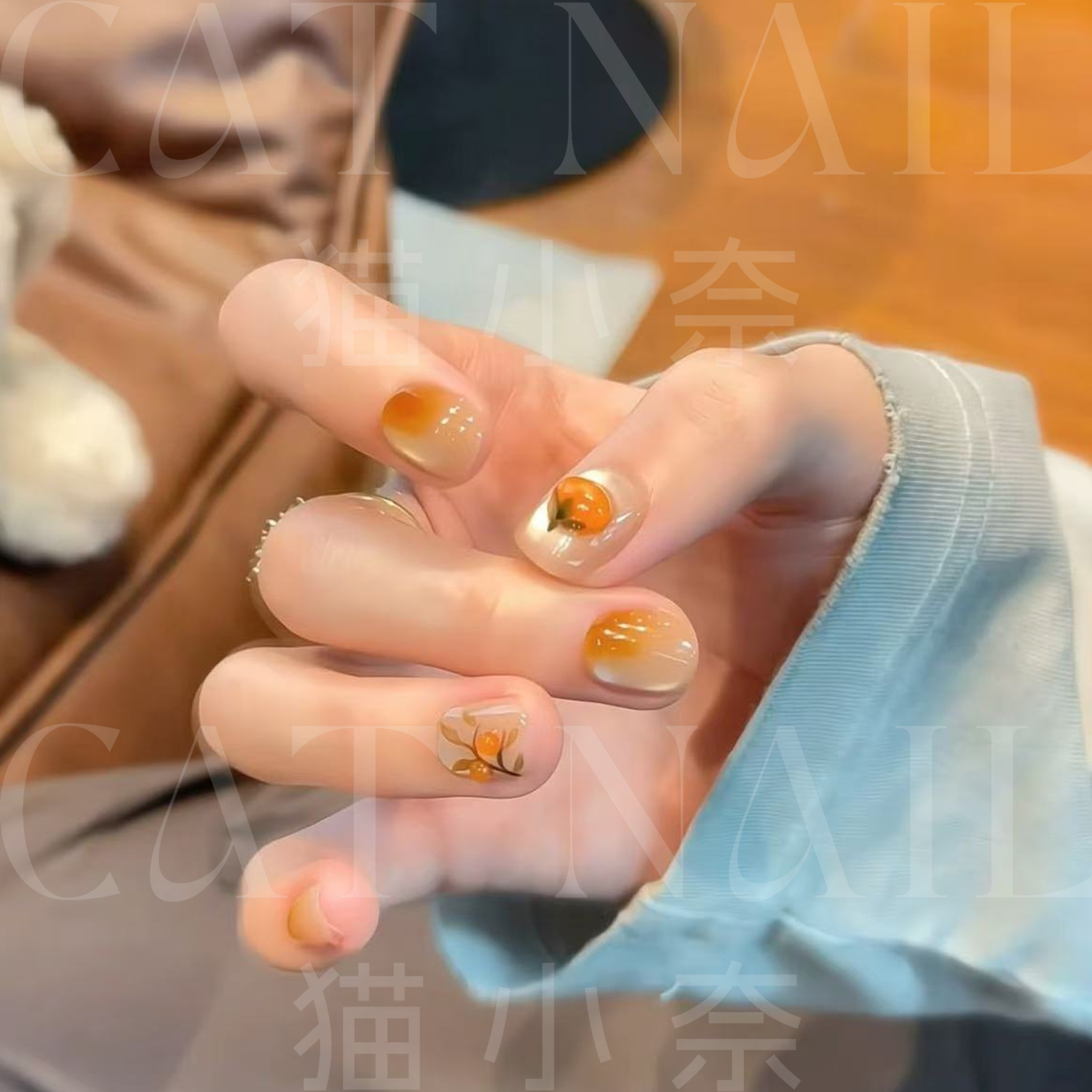 柿柿如意 手工穿戴甲 定制美甲贴片10片装 半手工猫眼秋冬美甲ins