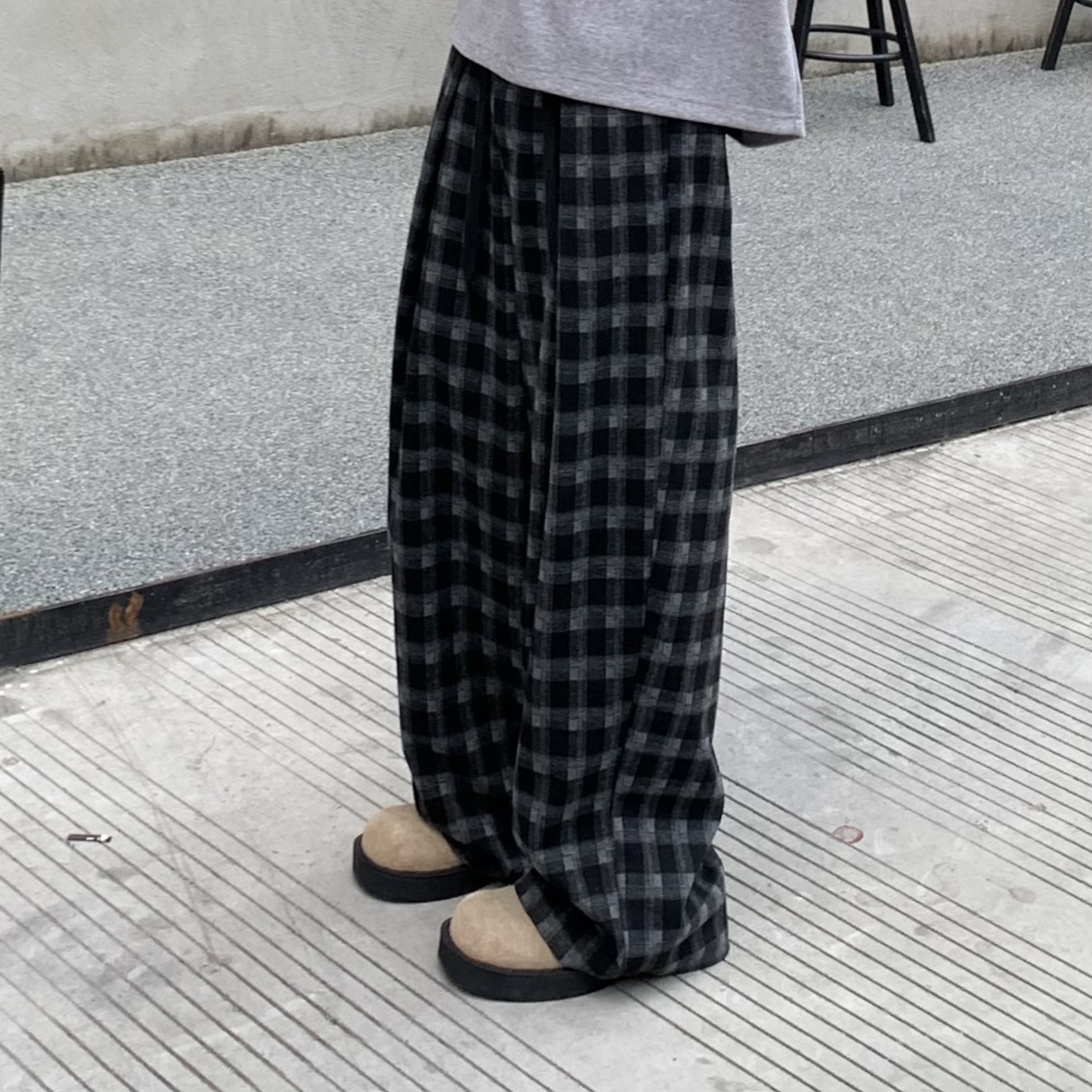 秋季复古格子阔腿休闲裤春秋季宽松百搭显瘦裤子男女同款0836