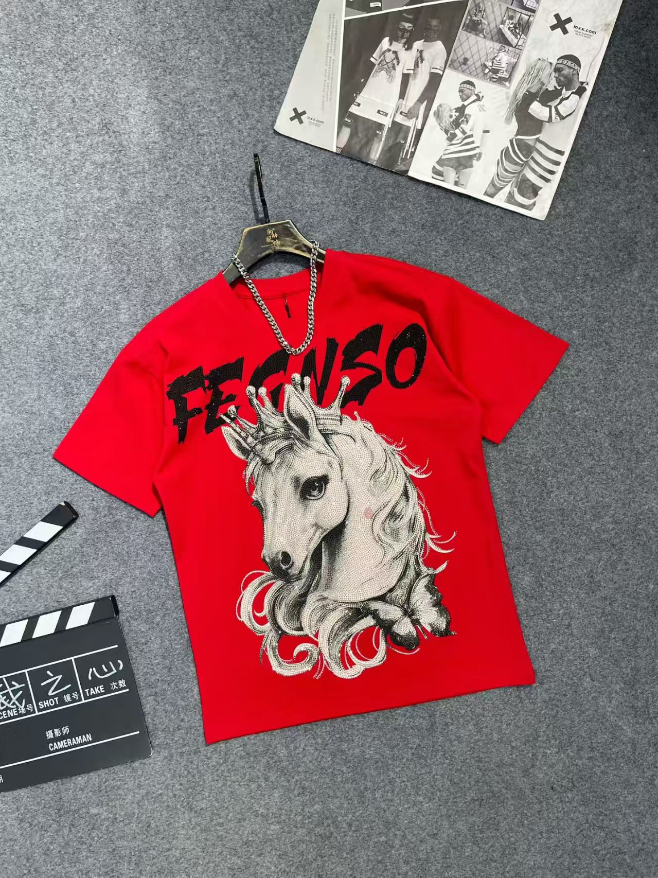 167本命年马头设计师潮牌满钻T恤欧美男士重工镶钻休闲时尚短袖