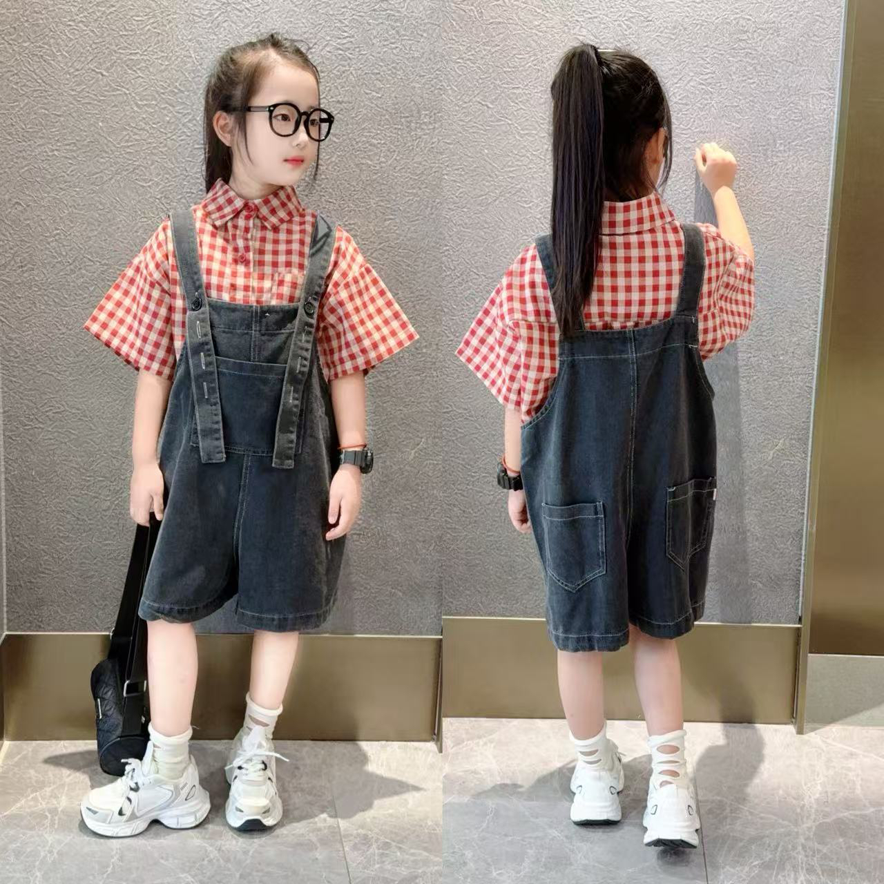 女童套装2025新款夏季短袖格子衬衫洋气女孩休闲牛仔背带裤两件套