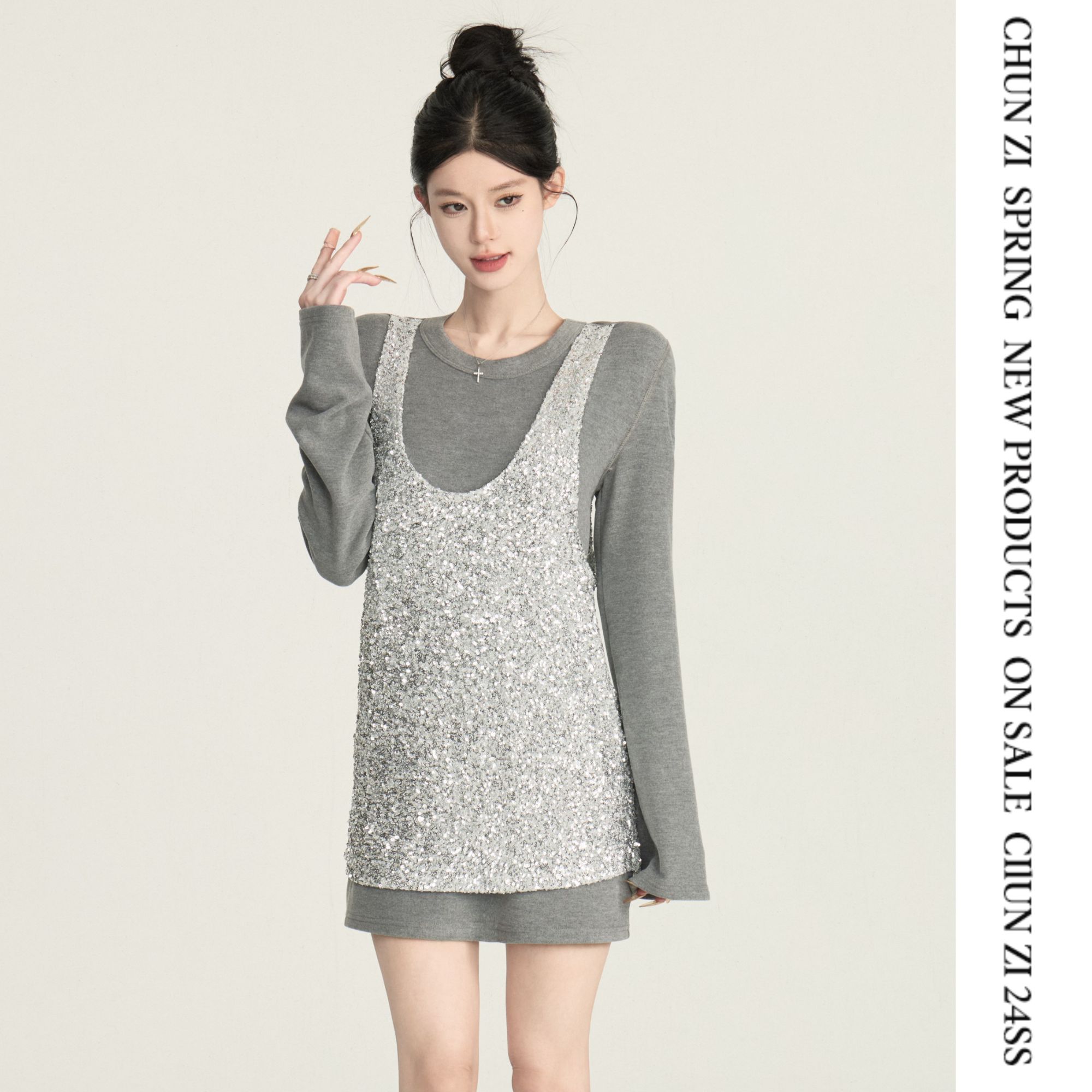 【CHUN ZI】「blingbling」奢感重工抓绒亮片拼接假两件宽松T恤上衣