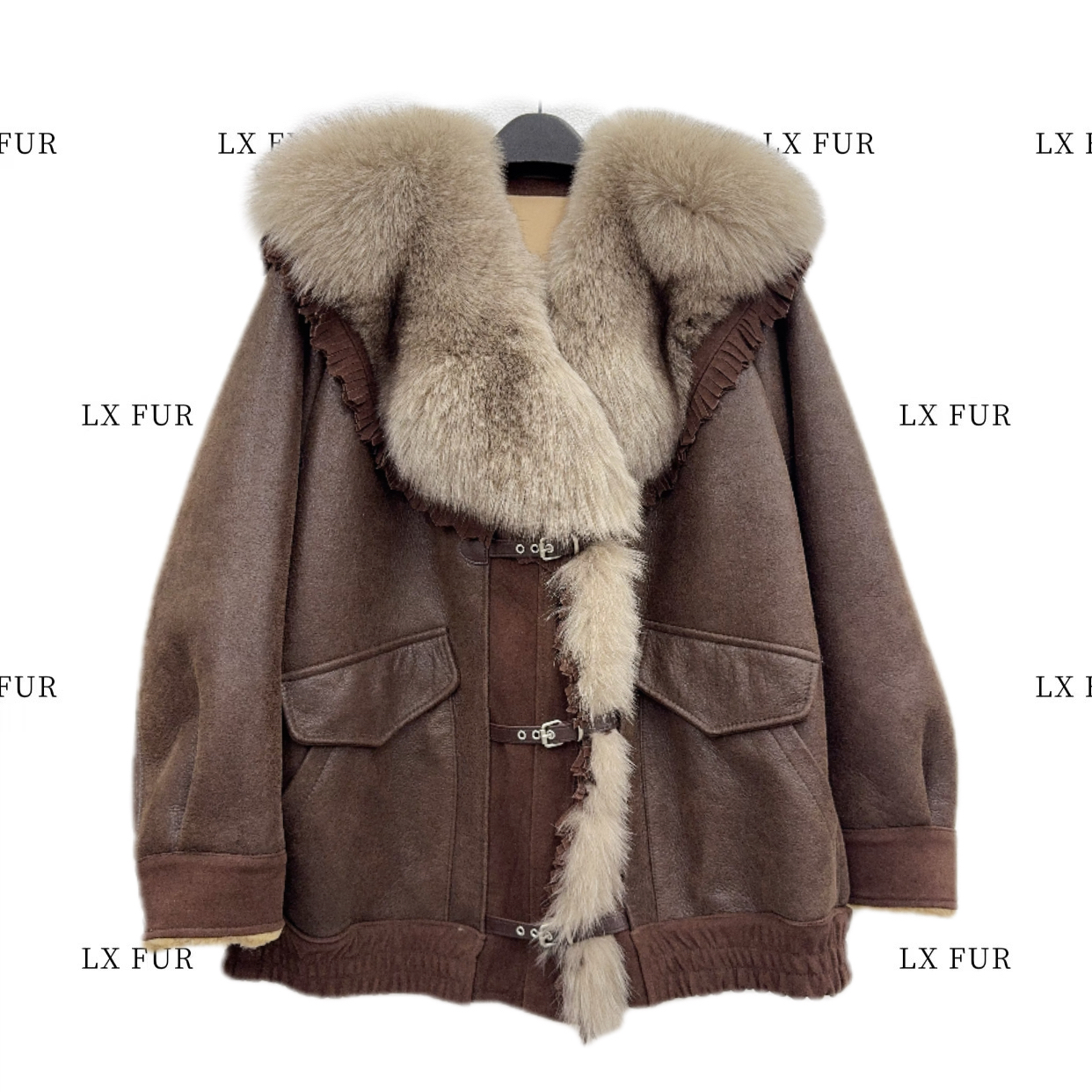 复古轻油蜡皮毛一体披肩狐狸毛领咖色欧美风中长款外套SY-8853