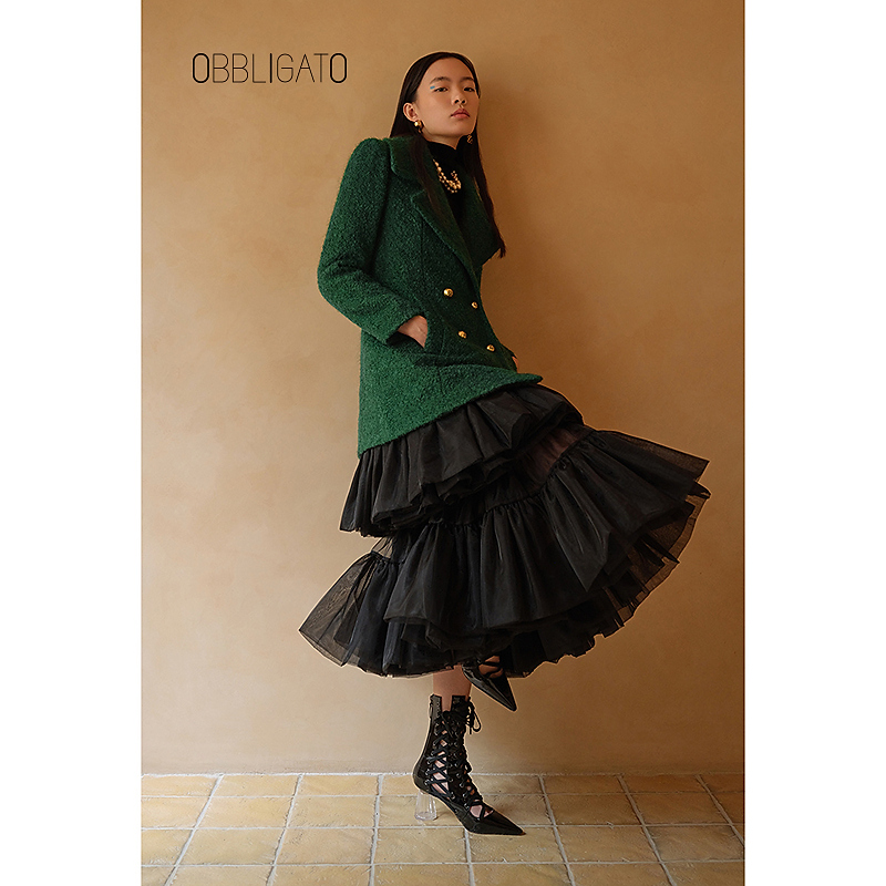 OBBLIGATO奥丽嘉朵1C32580180冬款翻领收腰logo扣马海毛大衣