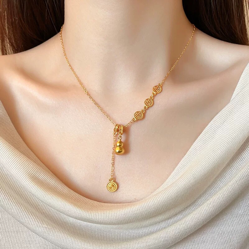 铜合金项链 新中式亮面葫芦招财纳福福禄吊坠吉祥如意高级气质