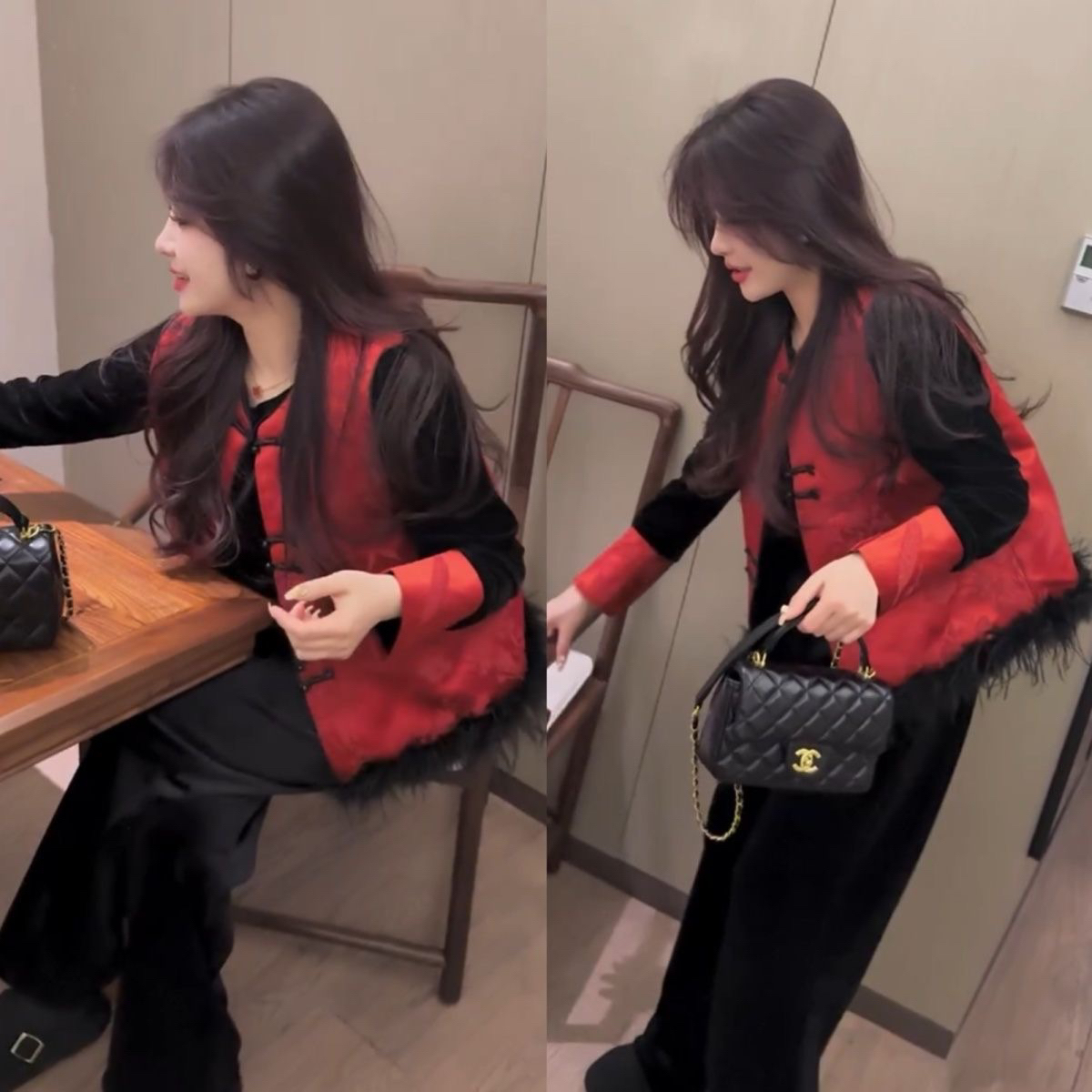 秋冬新款国风中式设计款红色竹叶马甲加上衣两件套套装