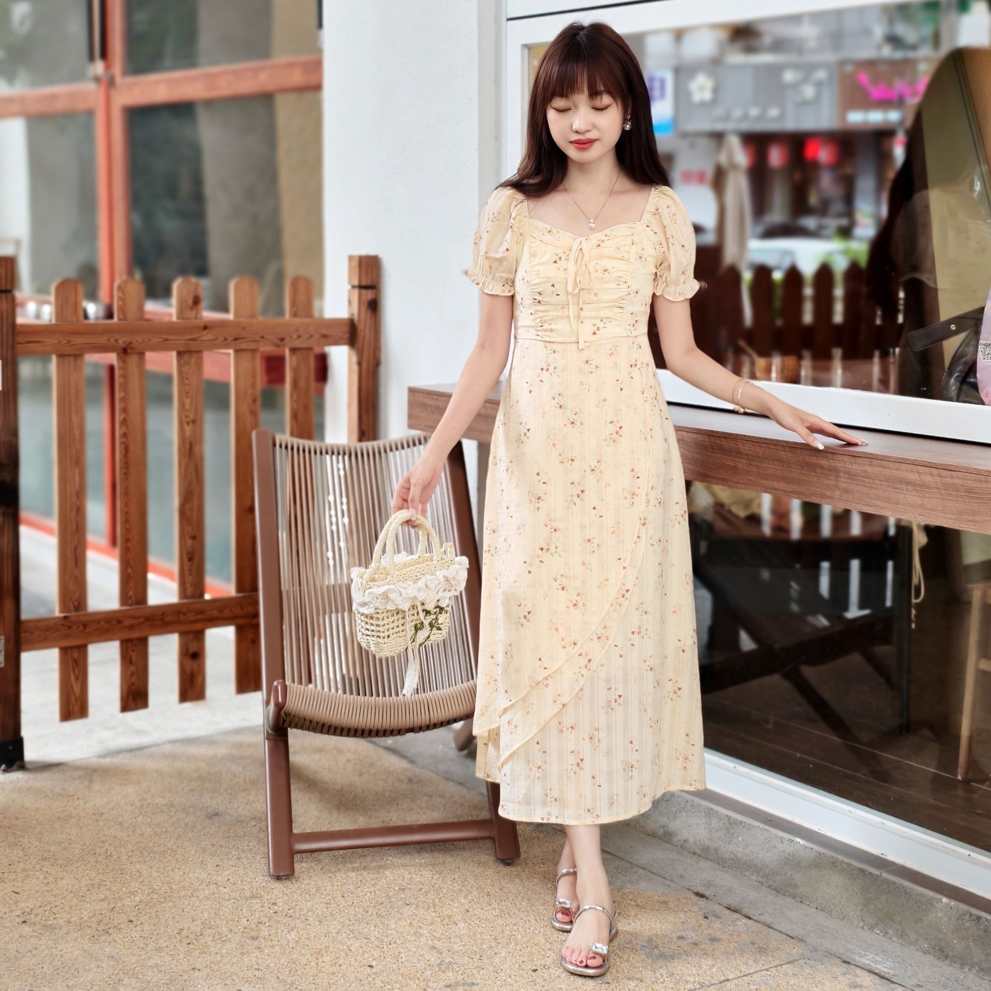 西米家小个子【一念花开】法式碎花气质连衣裙子收腰显瘦长裙8810#