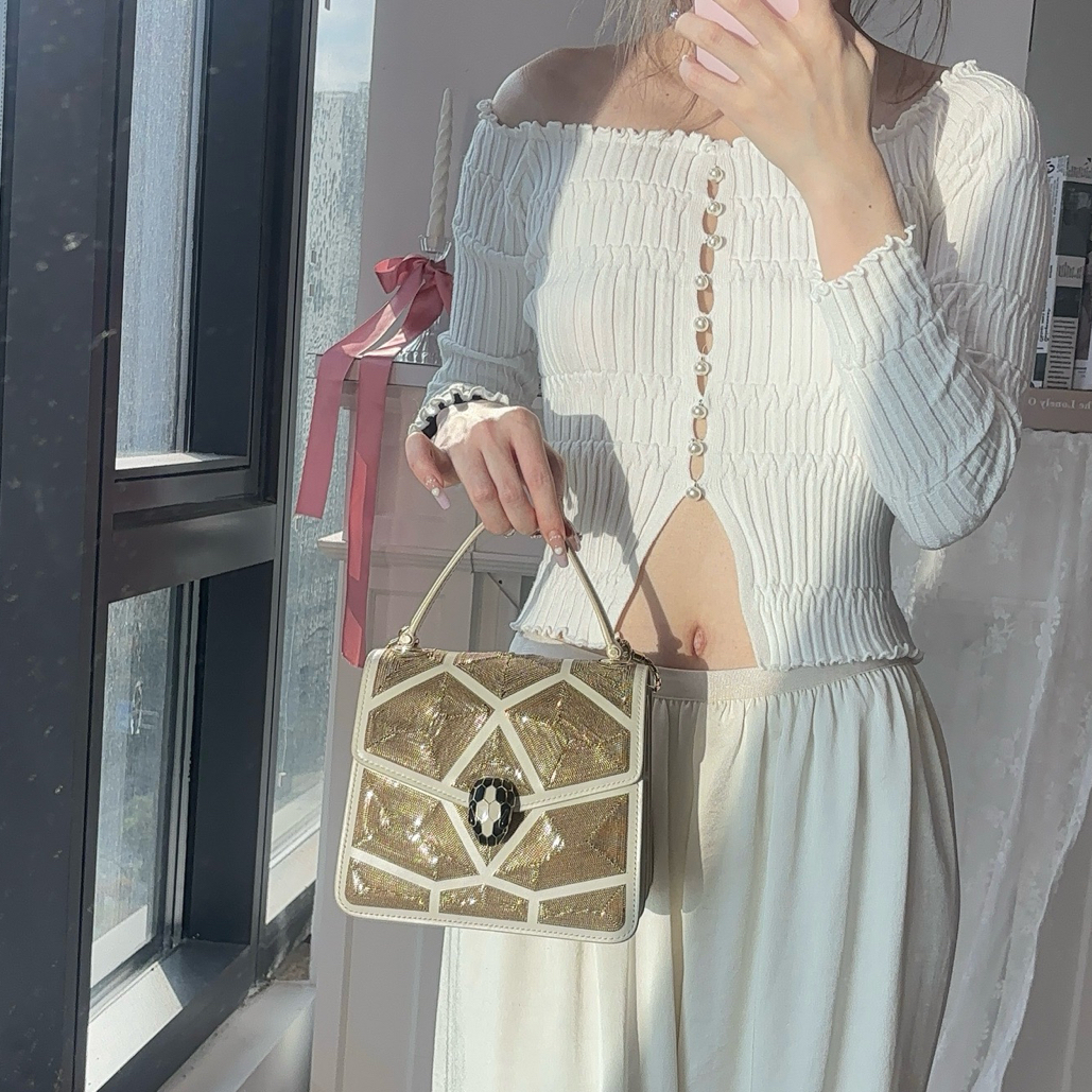 95新 BVLGARI/宝格丽 宝格丽白金色满链条蛇头包