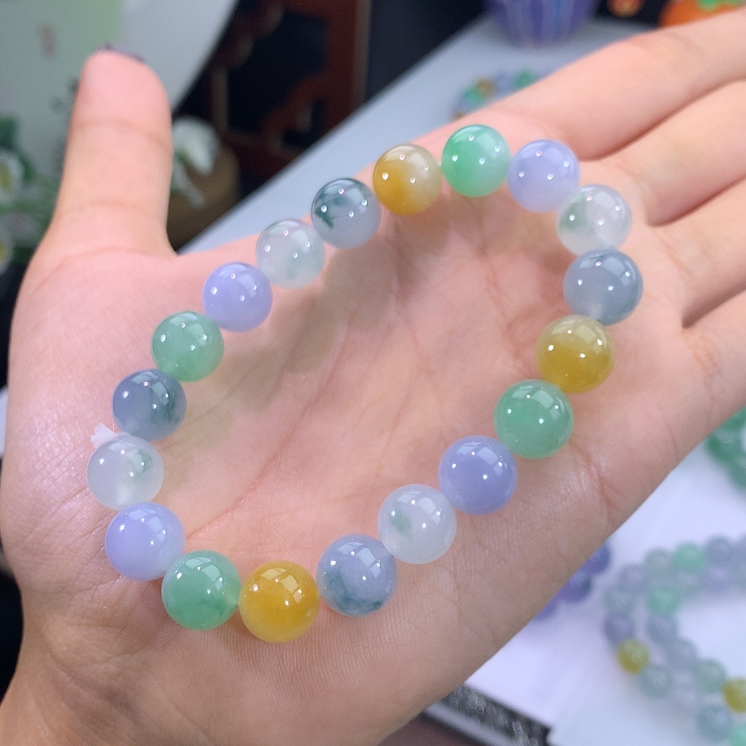 翡翠未镶嵌手链12号 明艳冰飘花多宝手串