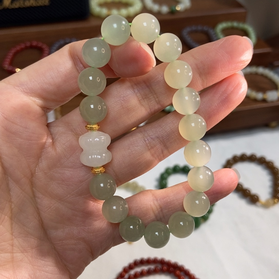 和田玉银S925镶嵌手链福利10mm冰晴