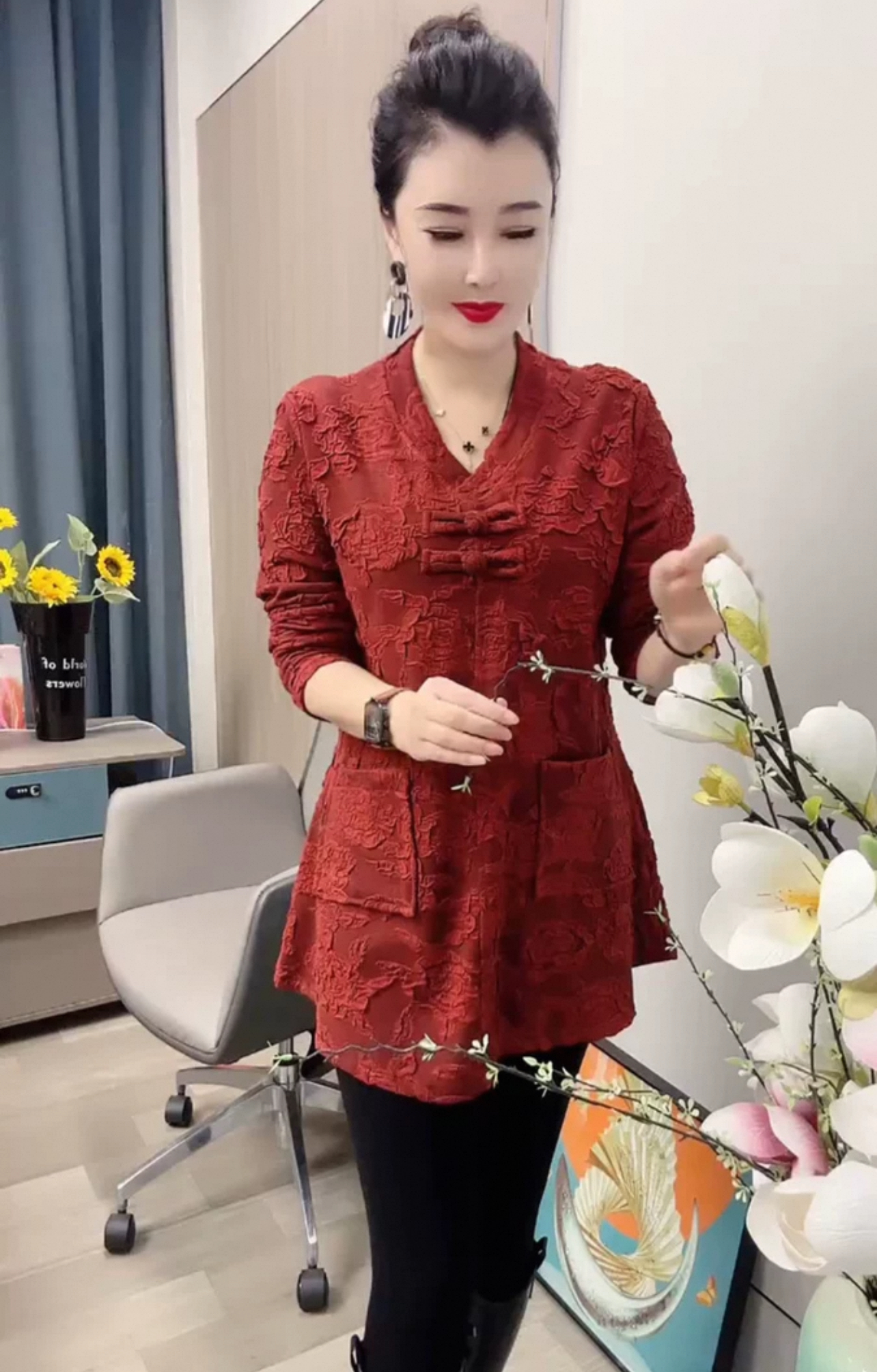 春季妈妈装洋气中老年打底衫遮肉显瘦弹力中长款长袖上衣728款