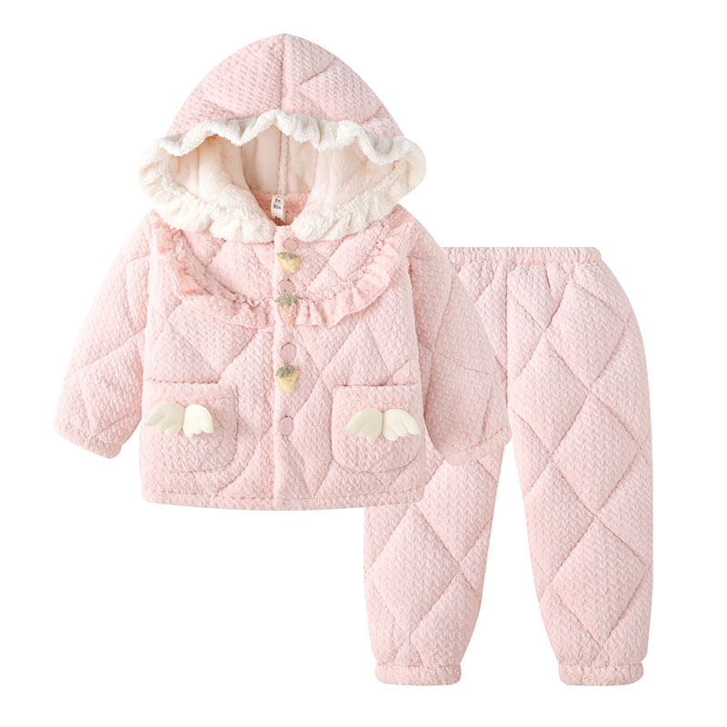 儿童三层加绒加厚睡衣女童花边带帽睡衣宝宝女孩中大童保暖家居服