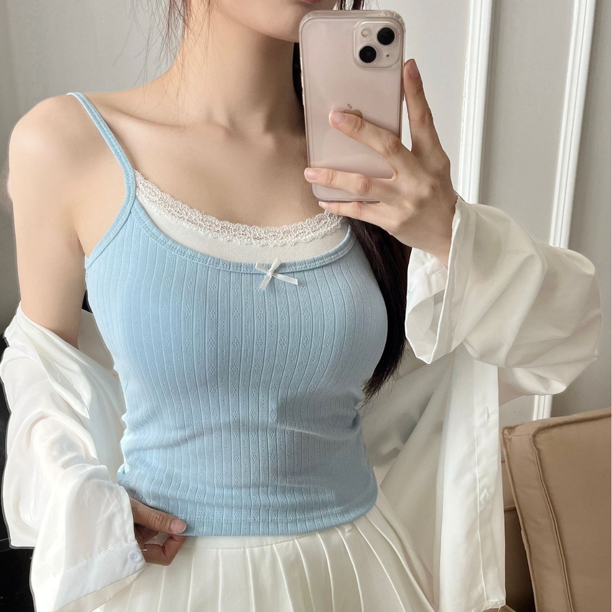 新款夏季假两件蝴蝶结吊带背心纯欲带胸垫内搭显瘦外穿美背内衣女