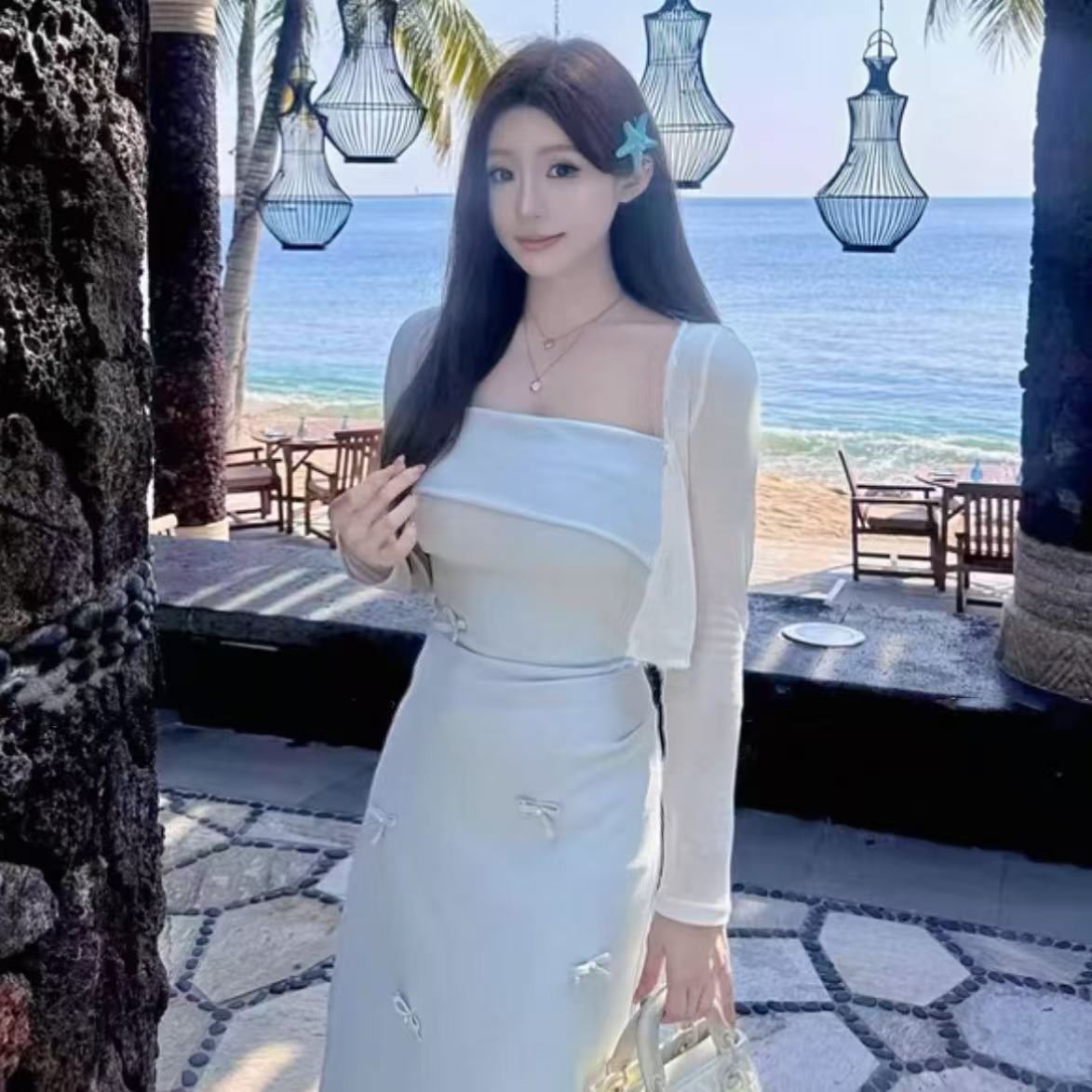 韩国小镇~新款爆款夏季气质高腰不规则领吊带时尚洋气法式连衣裙