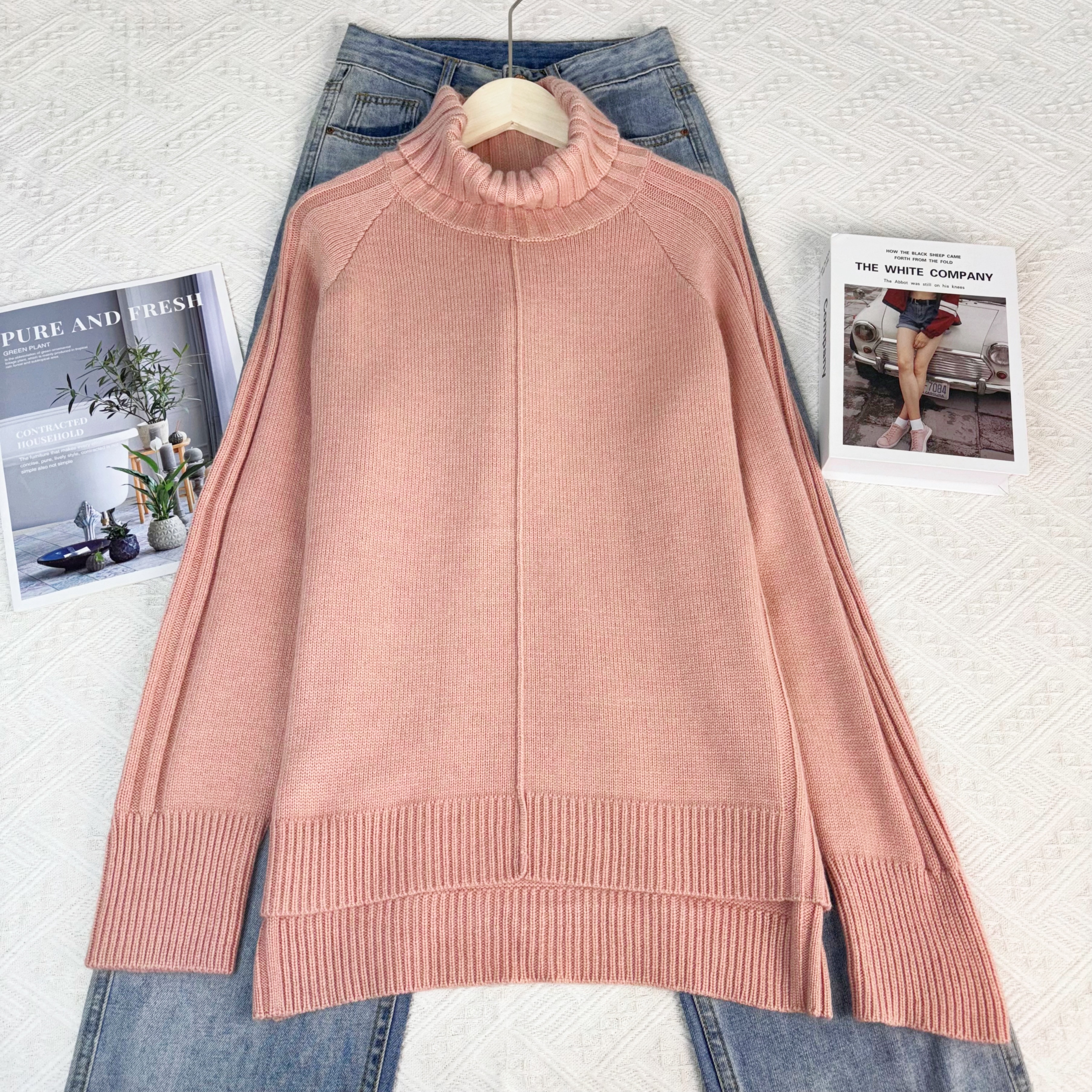 新新定制-高领纯色开叉设计感下摆休闲百搭针织毛衣510517