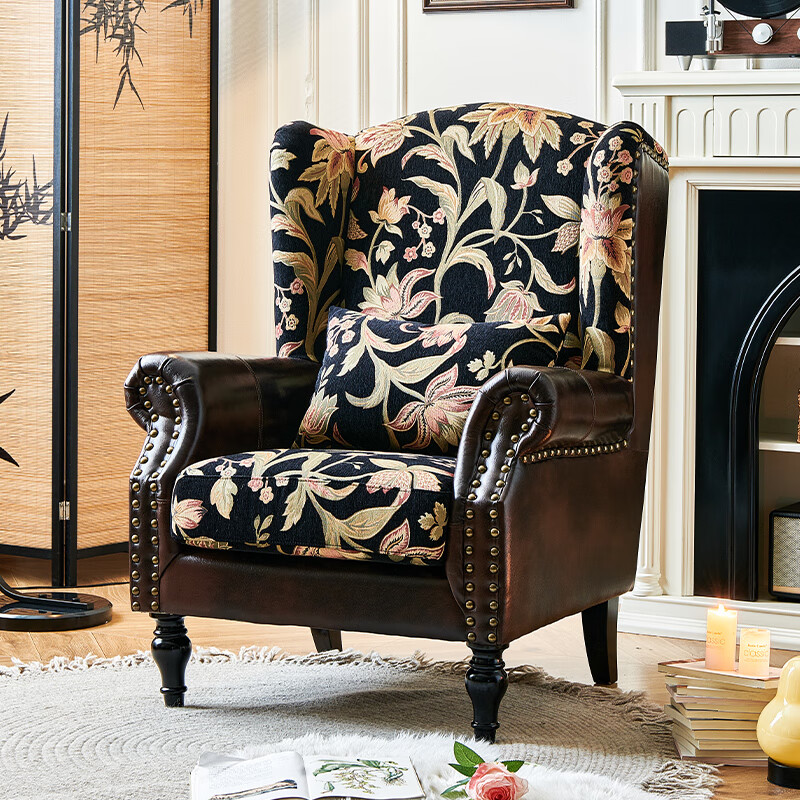 繁花老虎椅法式复古风布艺真皮拼接单椅美式客厅高背休闲单人沙特