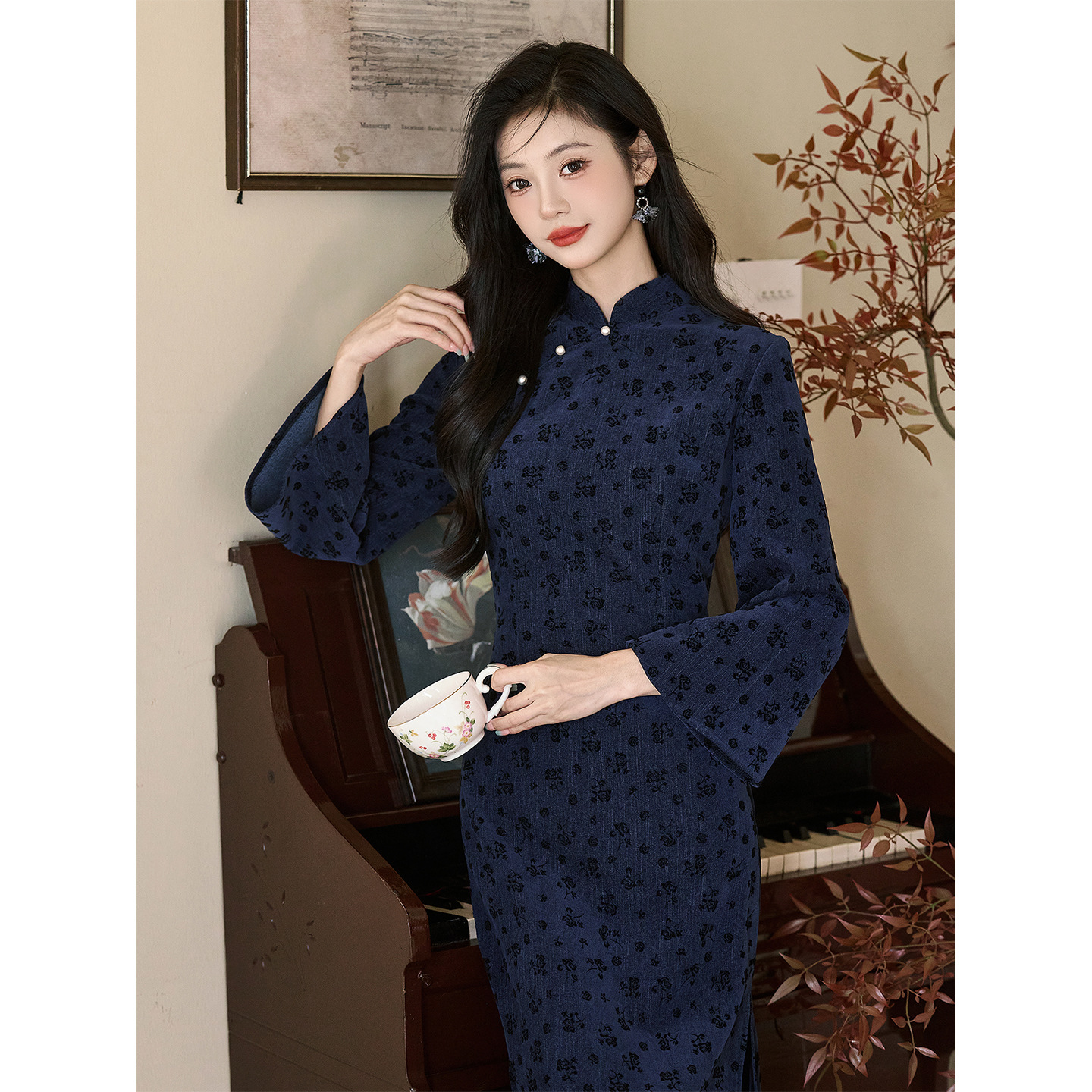 【小玫瑰】复古民国风旗袍蓝色倒大袖2025秋季连衣裙改良年轻款日常