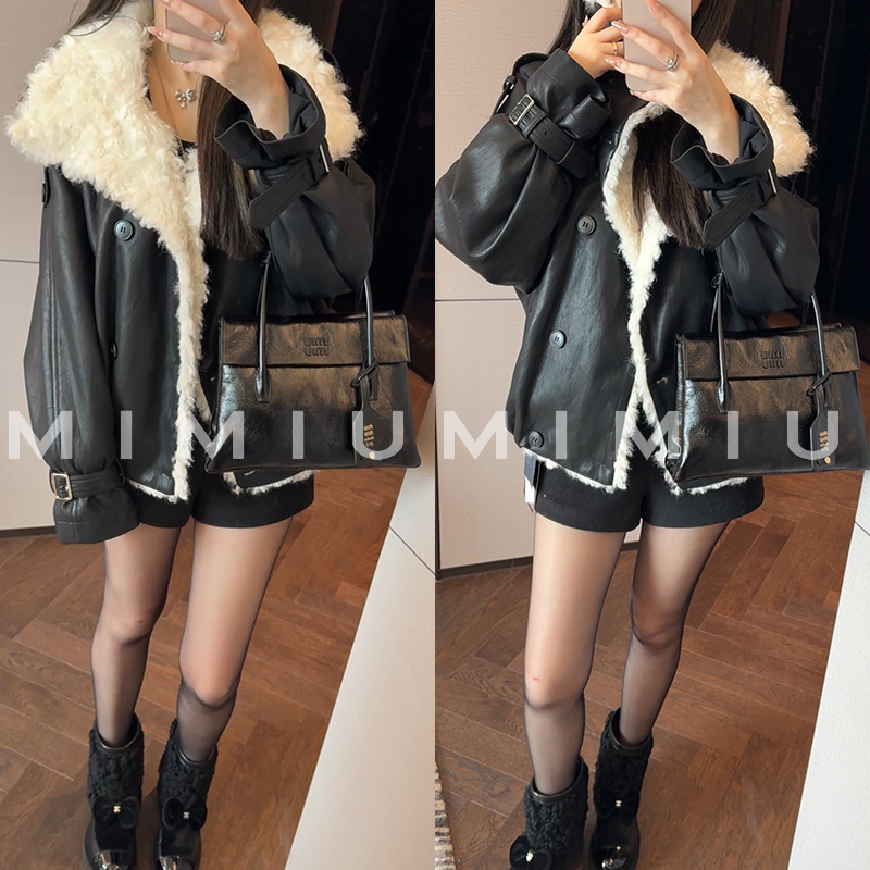 【mimius】肉肉 大翻领毛毛拼接机车风加厚皮衣外套 G10169