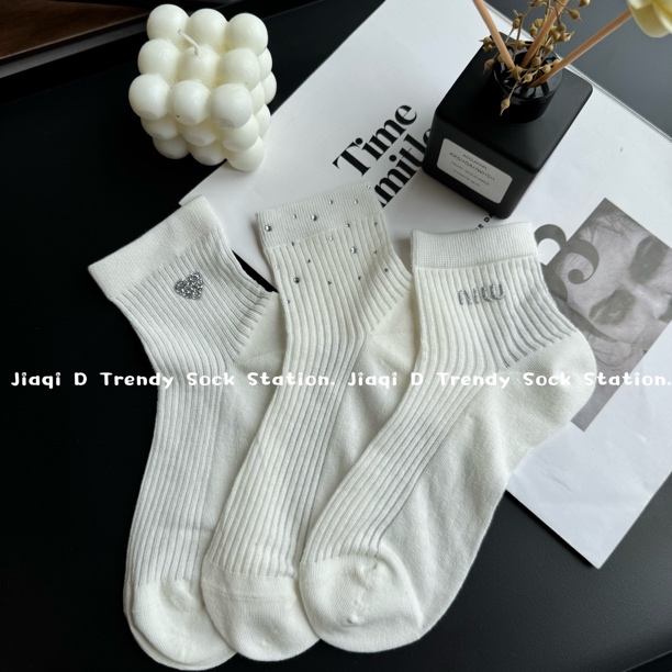 夏季短袜女轻奢烫钻爱心三双组合冰棉薄款百搭洋气时尚潮ins