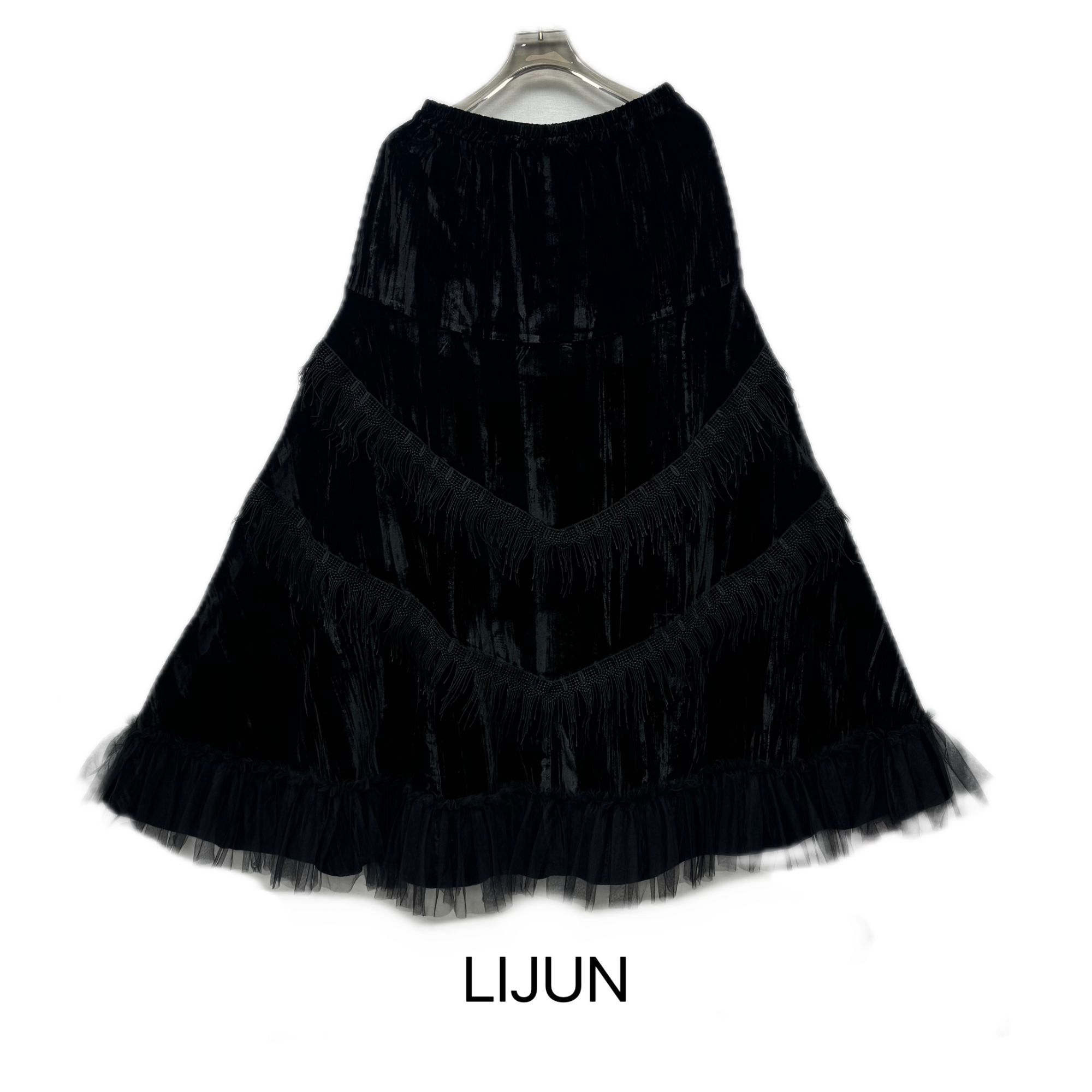 篱君秋季新款丝绒半身裙时尚百搭设计师感拼接流苏高腰半身裙1626