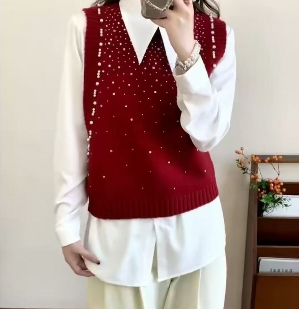 坎肩学院风镶钻针织衫女马夹毛衣秋冬季新款打底外搭气质甜美马甲