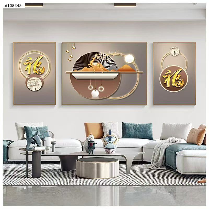 晶瓷镶钻轻奢客厅沙发背景墙三联壁画现代高级感大气挂画福70200