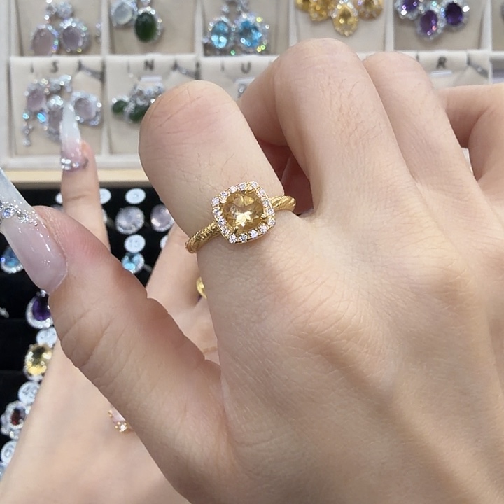 黄晶戒指银S925镀金镶嵌