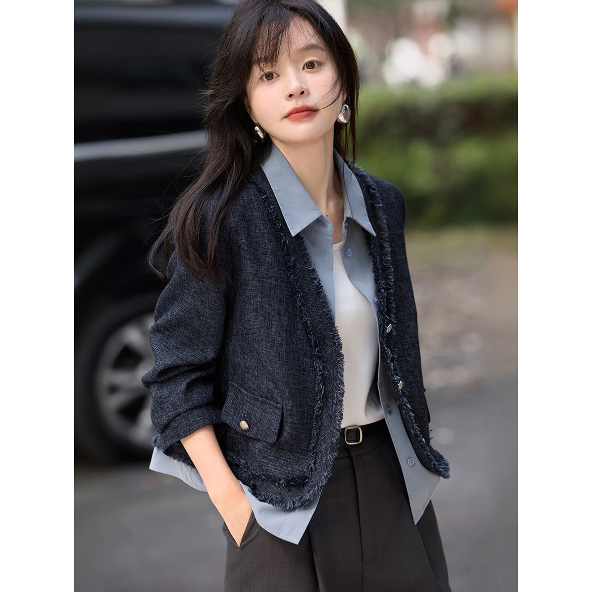 沫晗依美时尚撞色拼接衬衫假两件小香风外套2025春季新款短款外套