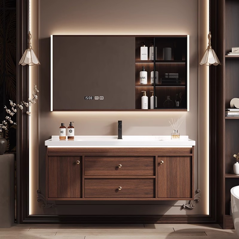 新款中古风胡桃木浴室柜组合卫生间陶瓷一体盆洗手洗脸池洗漱台面