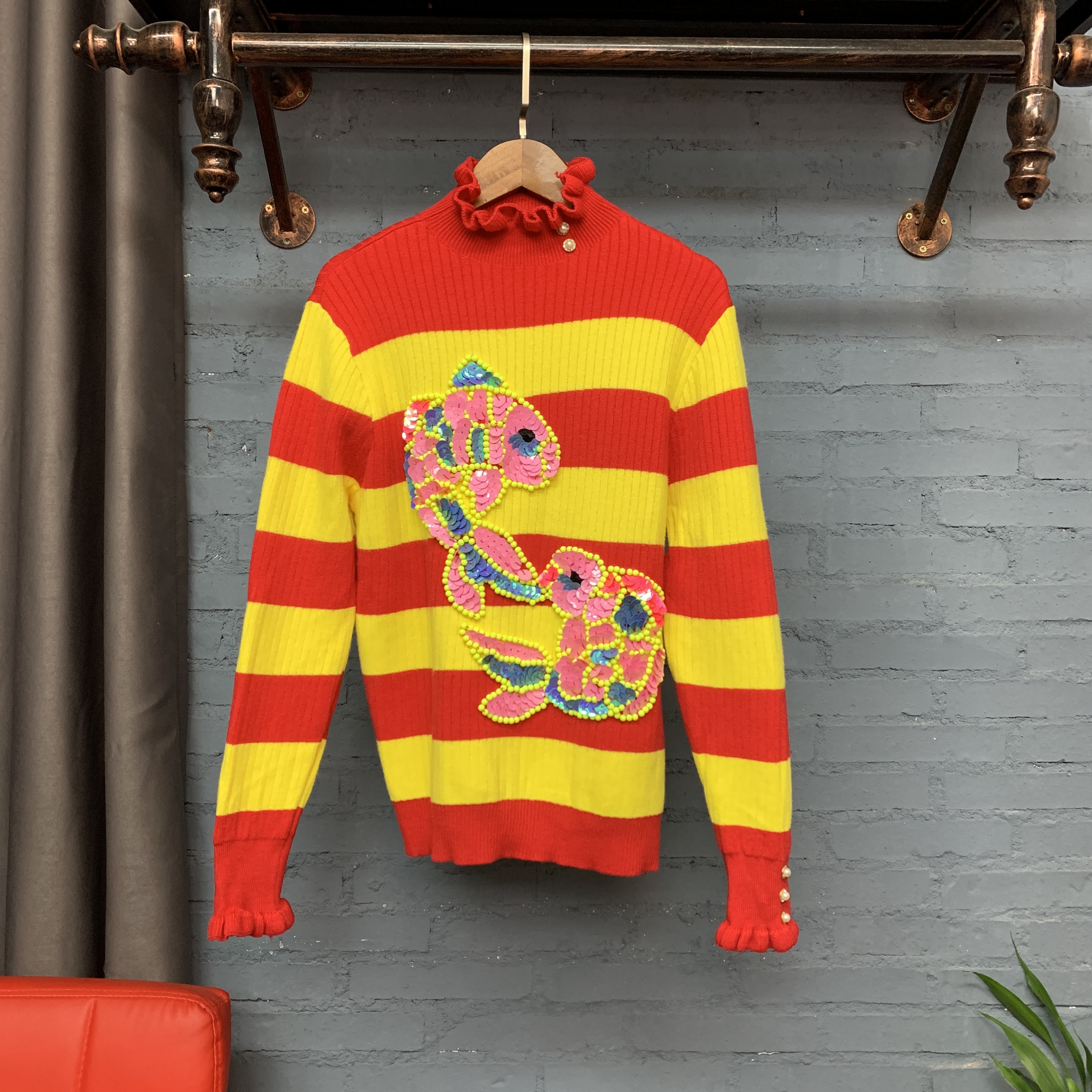 糯叽叽 加绒锦鲤条纹拼色针织毛衣