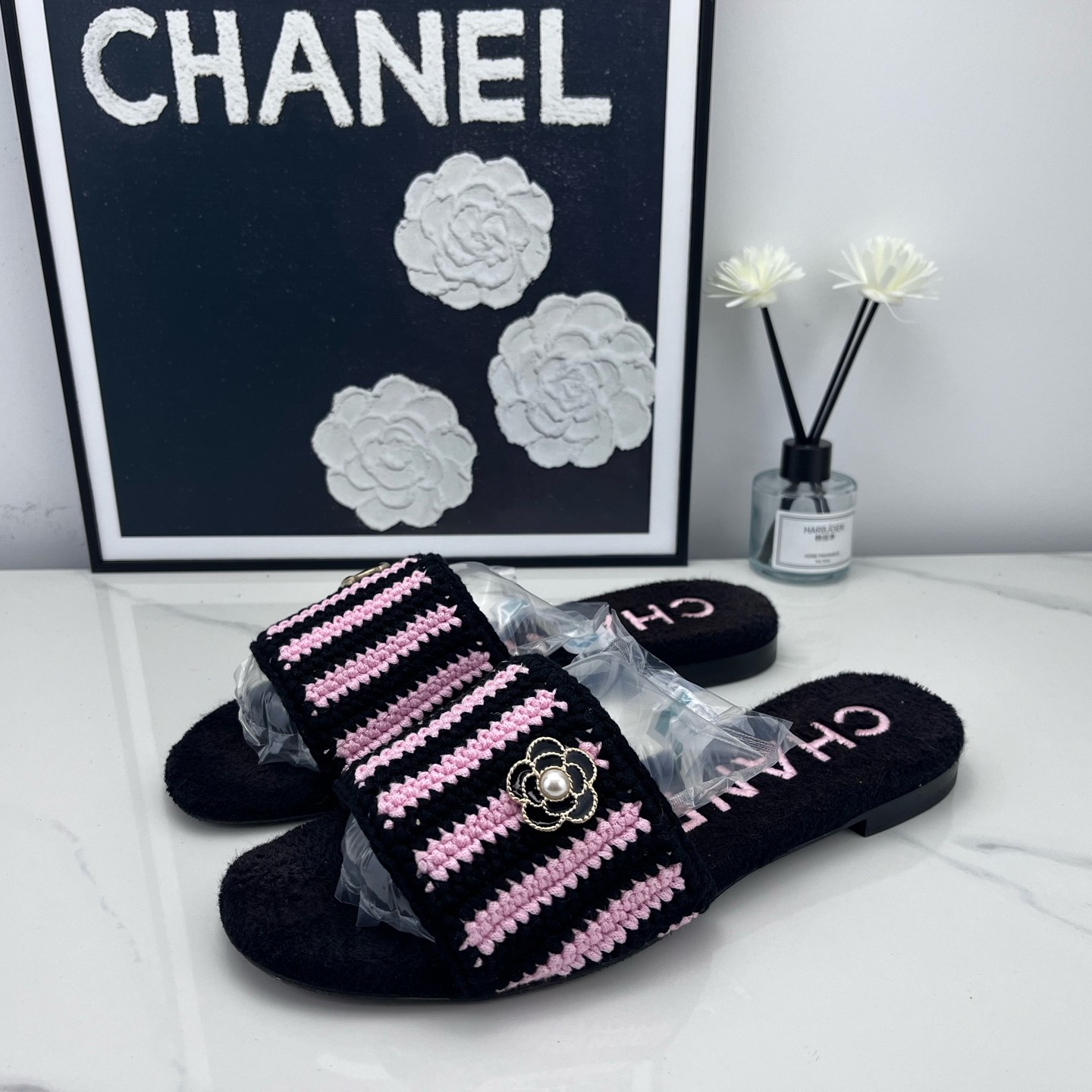 99新 Chanel/香奈儿 25ss黑粉毛呢编织拖鞋 38码/jm01305