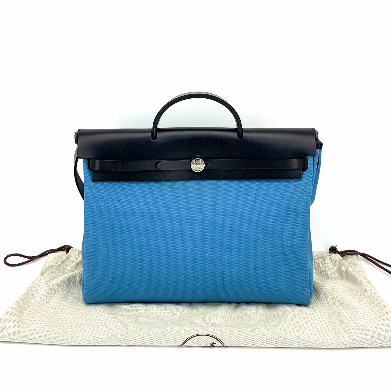 99新 Hermes/爱马仕 弗里达蓝herbag39银扣拼皮手提 尺寸39/28