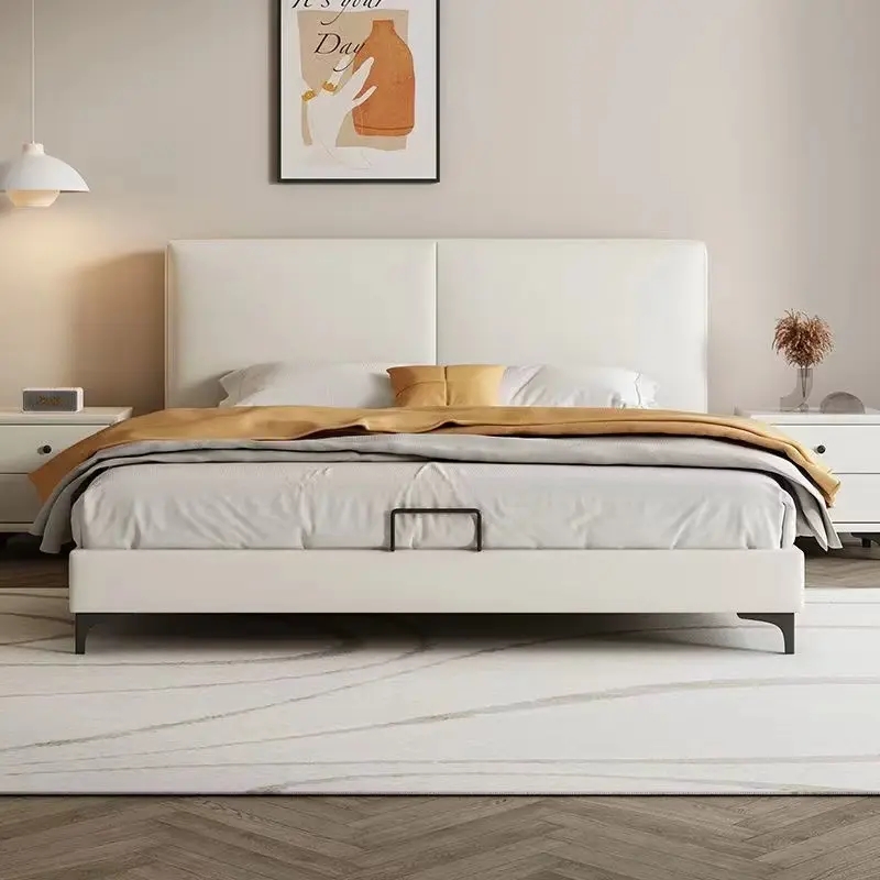 头层牛皮豆腐块轻奢意式真皮床现代简约主卧床小户型齐边床储物床