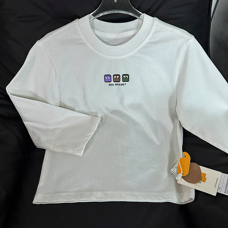 男女童通用印花极简风女长袖春秋秋季打底衫百搭简约纯棉透气时尚