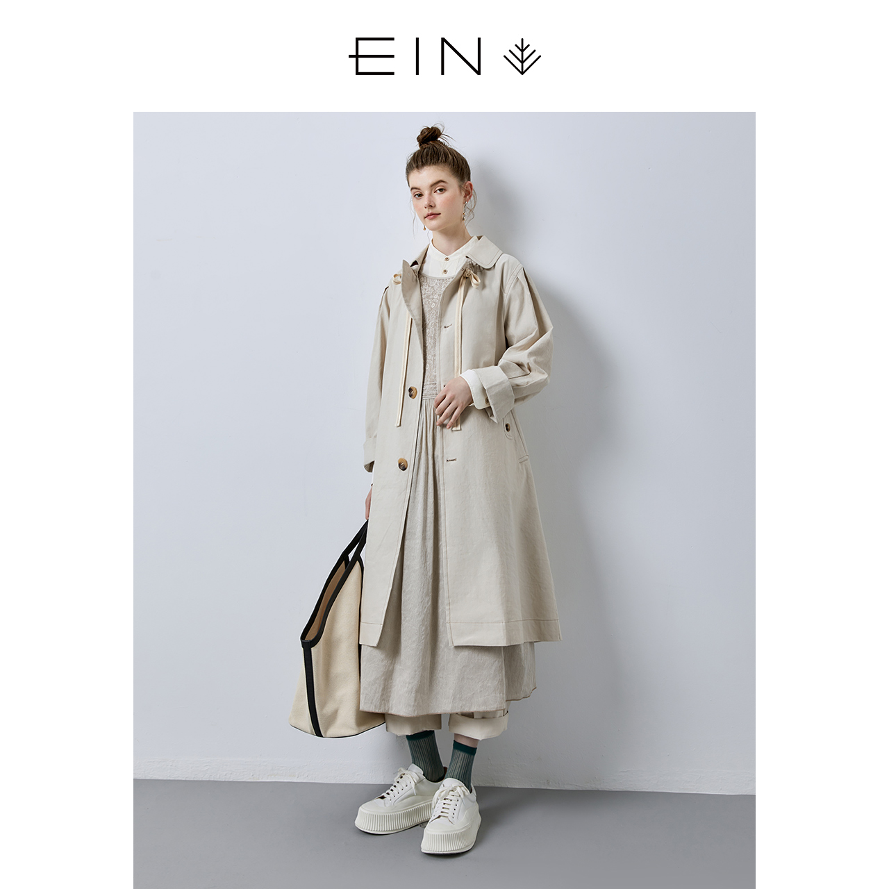 EIN/言【英伦学院风】复古翻领系带棉麻宽松长风衣外套春秋款