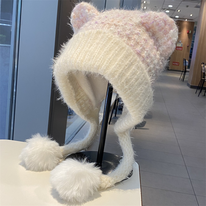 新款甜美可爱耳朵针织帽女秋冬季骑车加绒护耳帽保暖套头雷锋帽子