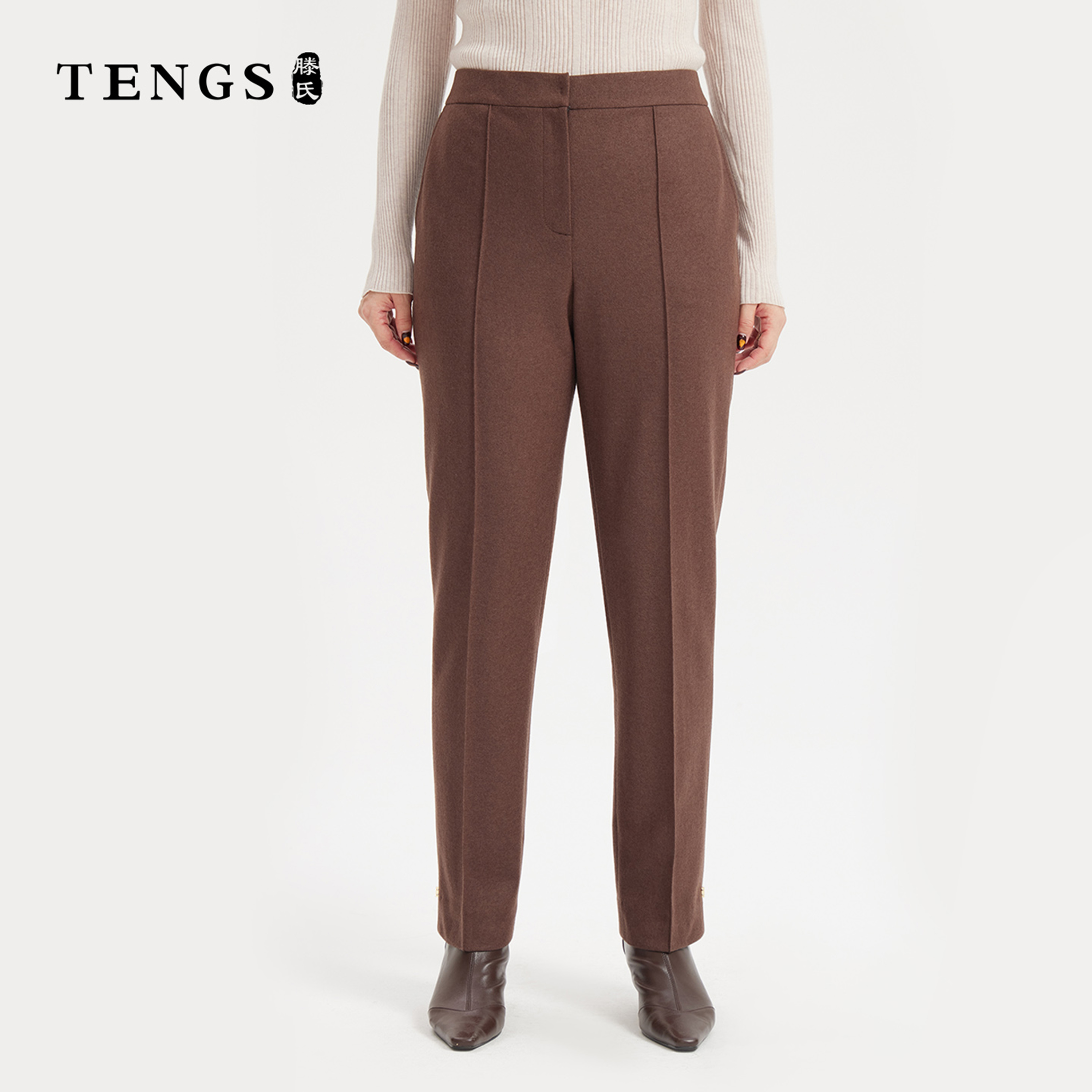 TENGS滕氏女装春秋款咖色简约修身通勤百搭小脚裤