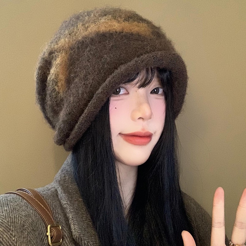 大头围拉毛蝴蝶结女保暖护耳针织堆堆帽慵懒冷帽秋冬显脸小大头围