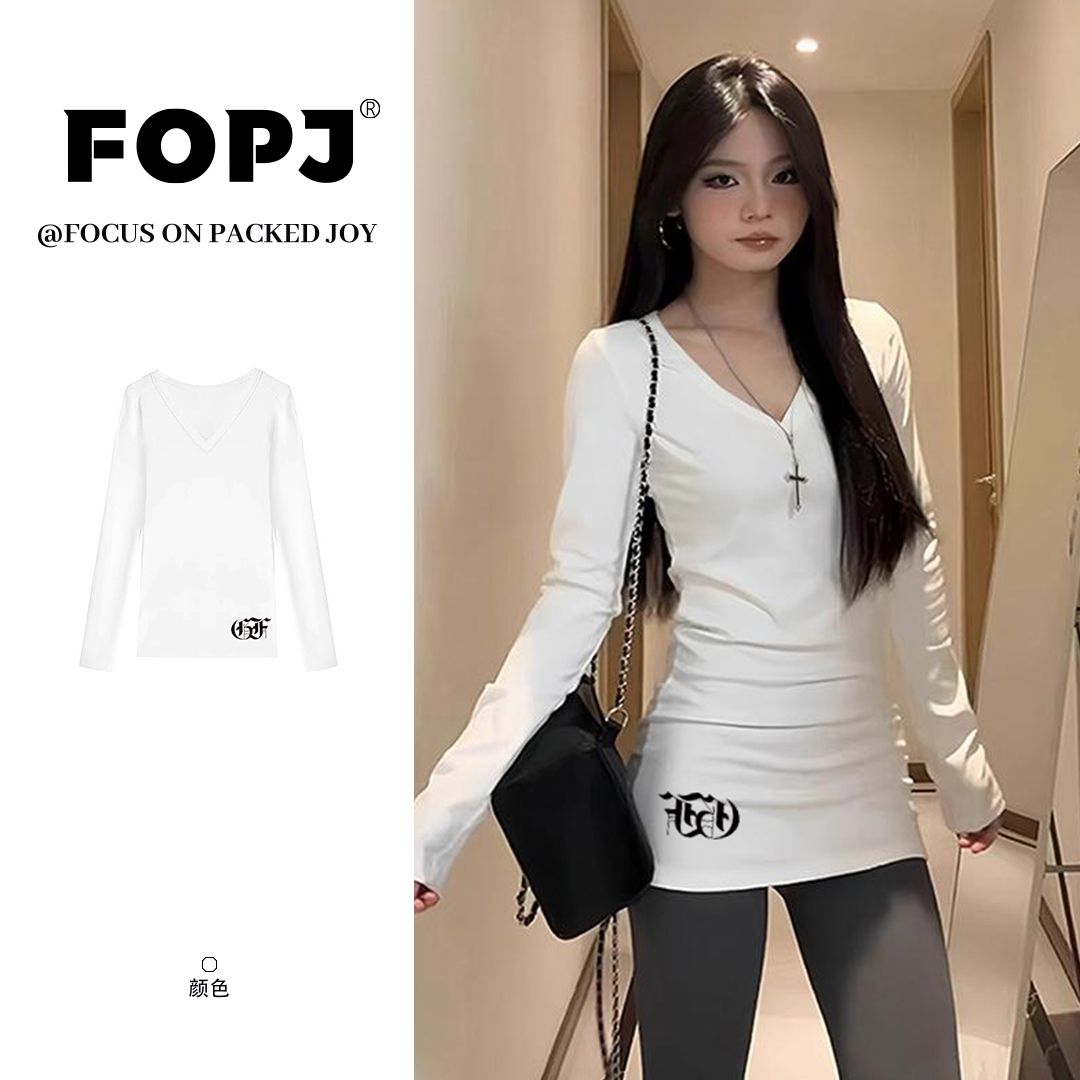 FOPJ秋冬韩版纯欲风德绒内搭正肩长袖t恤女V领修身显瘦打底衫上衣