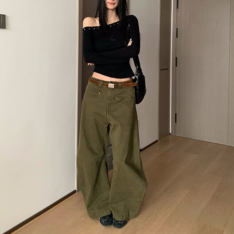 大码军绿色显高显瘦休闲牛仔裤女春季穿搭复古百搭弯刀工装阔腿裤