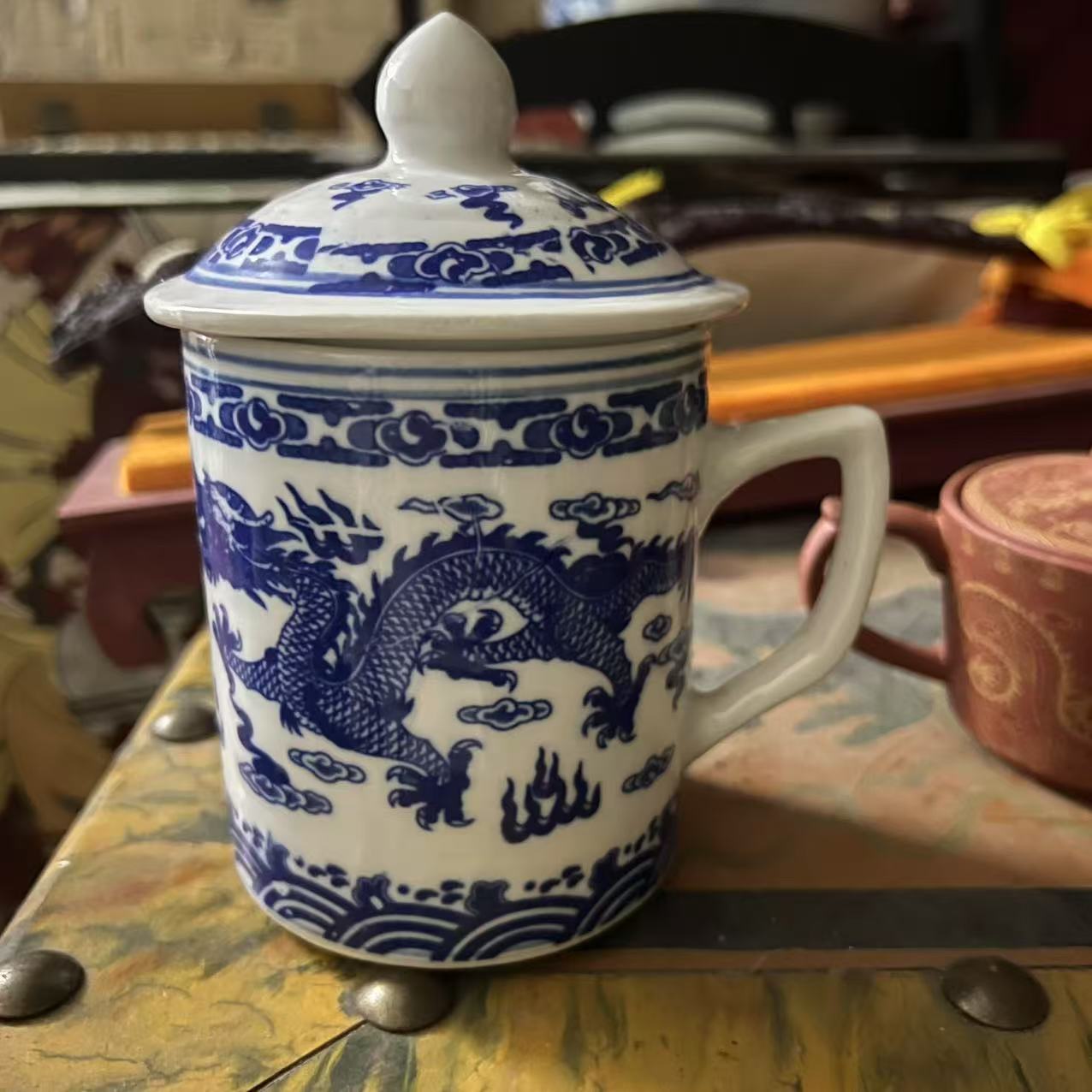 青花陶瓷龙纹茶杯办公杯水杯瓷杯会议室大容量老款杯子带盖家用