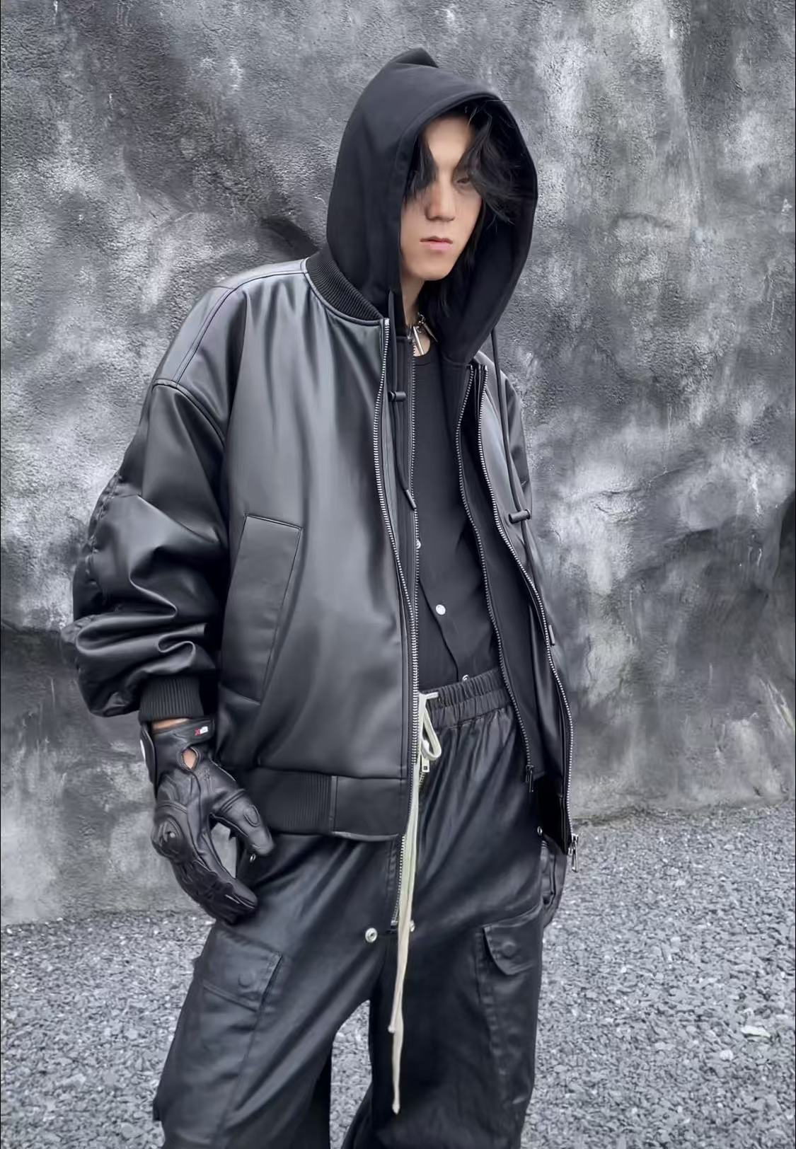 【175-2】 美式复古假两件棒球棉服皮衣外套高级黑色机车服夹克