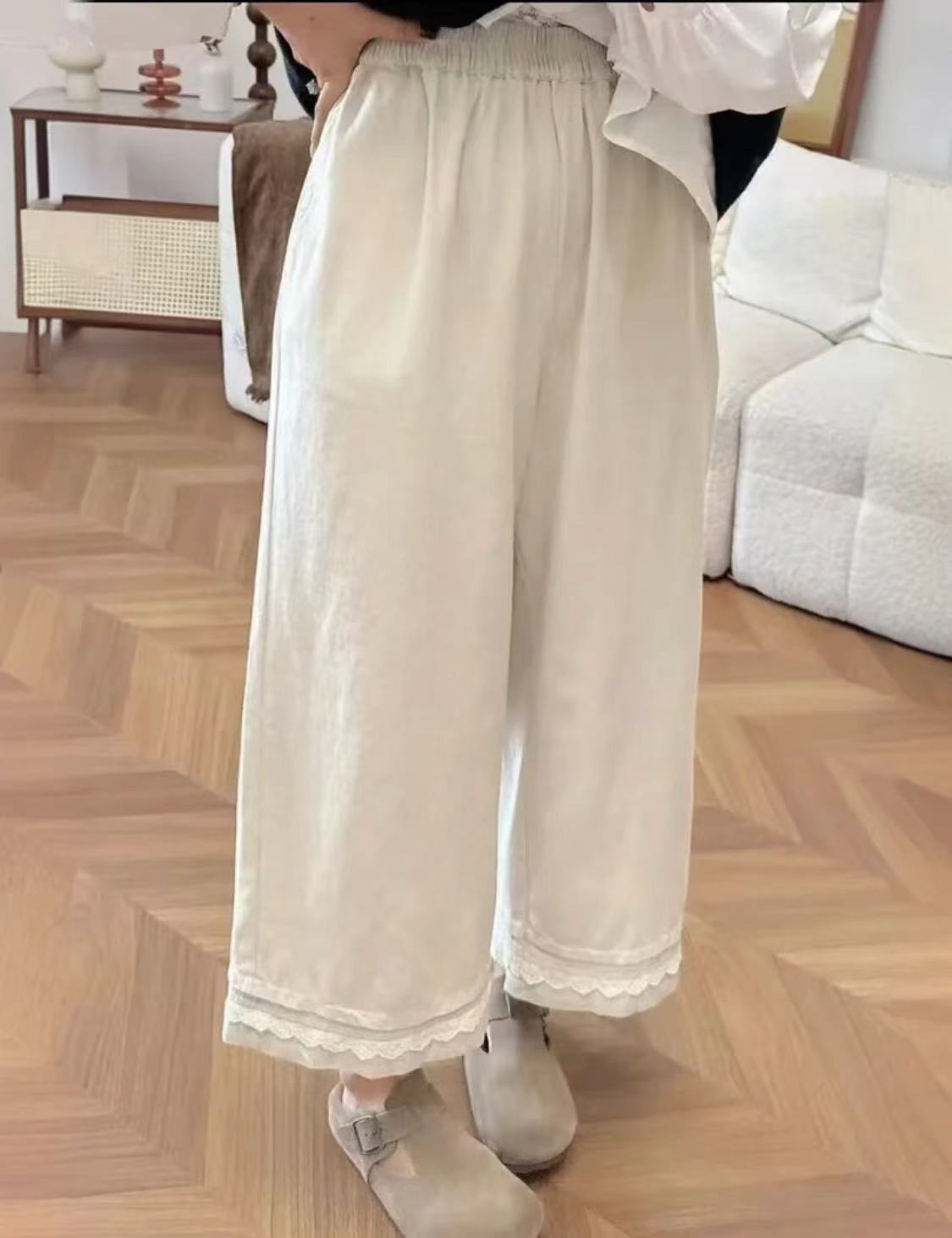 丽丽推荐【蕾丝花边裤】 宽松韩系松紧腰纯色裤子 带口袋