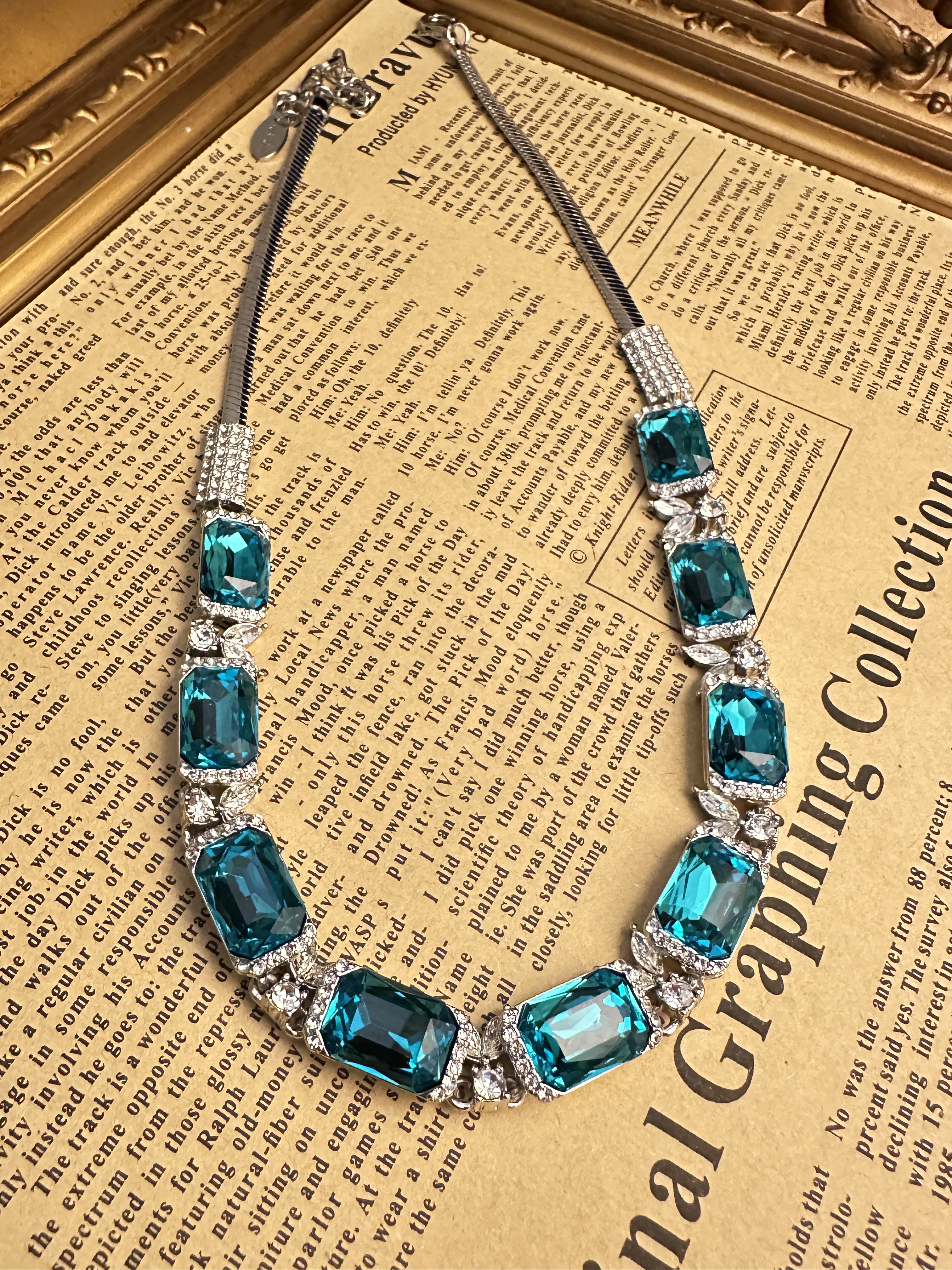 铜合金锆石项链 中古镀金蓝色方形锆石项链 N2219