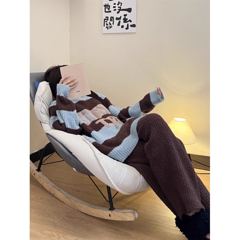 美式复古字母条纹半边绒睡衣女秋冬季甜美舒适加绒保暖家居服套装