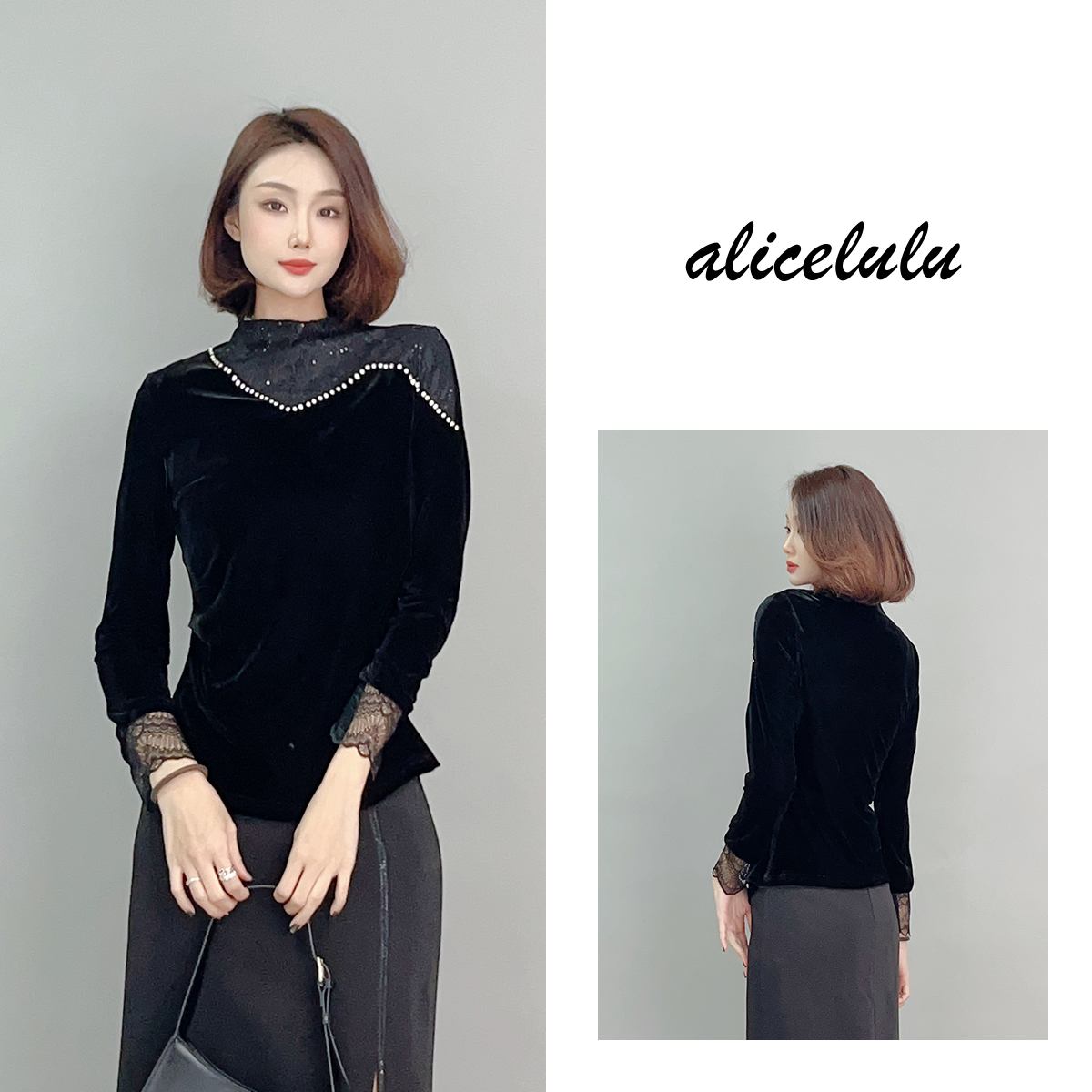 4 ALICE “丝绒之夜”衬衫 蕾丝拼接 闪耀钉钻 S2141727L