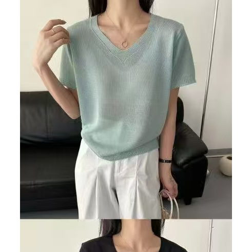 (玉姐家) 纯色V领短袖简约T恤女夏季宽松百搭 新选f1151 J03884