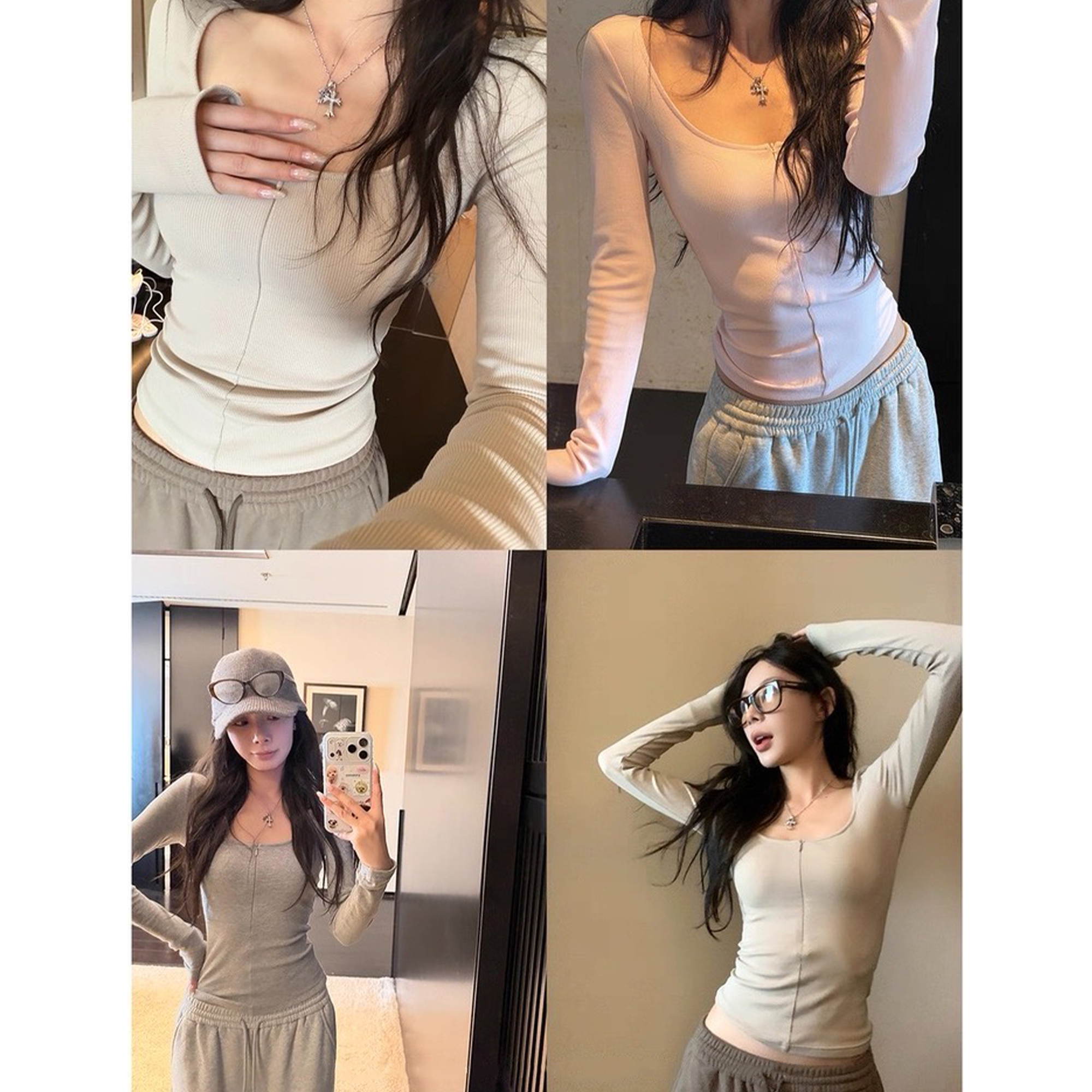 长期主义 净色U领门襟隐拉修身打底T恤 C 5097#